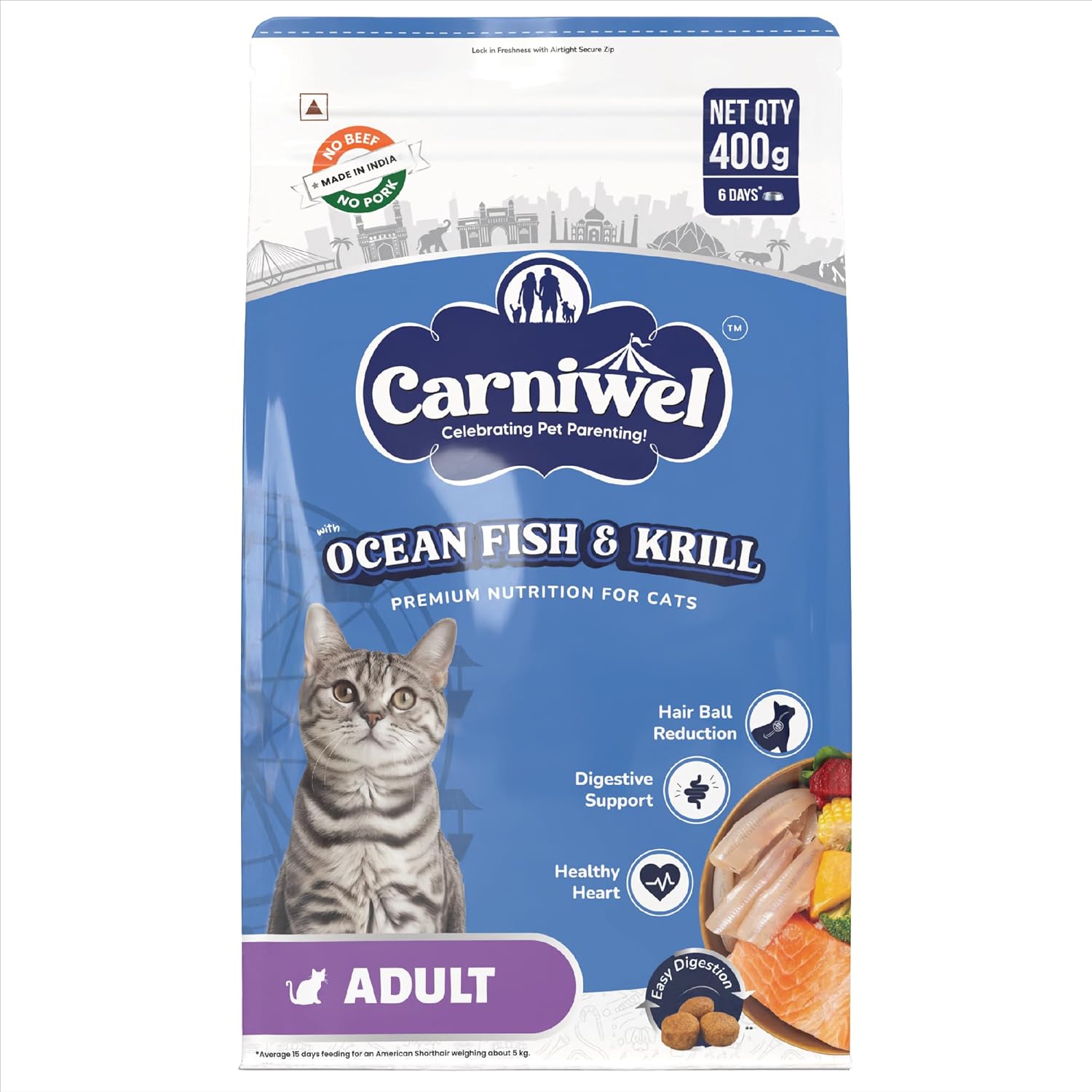 Carniwel Dry Cat Food with Ocean Fish & Antarctic Krill | Fresh & Natural Ingredients | Highly Palatable | Supports Healthy Skin & Glossy Coat | Premium Nutrition for Adult Cats, 400 gm