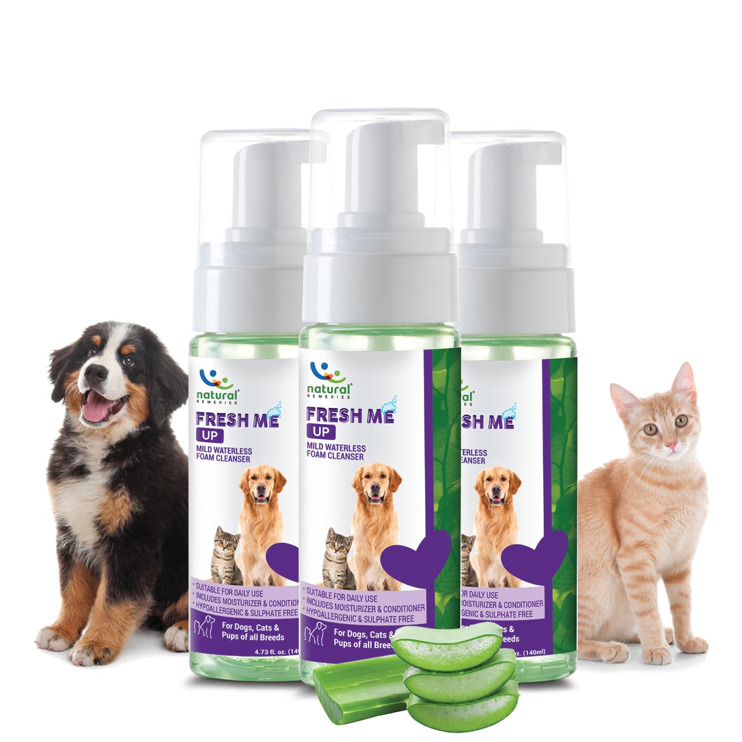 Natural Remedies Fresh Me Up Mild Waterless Foam Cleanser Dry Shampoo for Dogs, Cats of All Breeds, Moisturizer & Conditioner, Pet Grooming, Lick Safe, Hypoallergenic, Sulfate Free, 140 ml (Pack of 3)