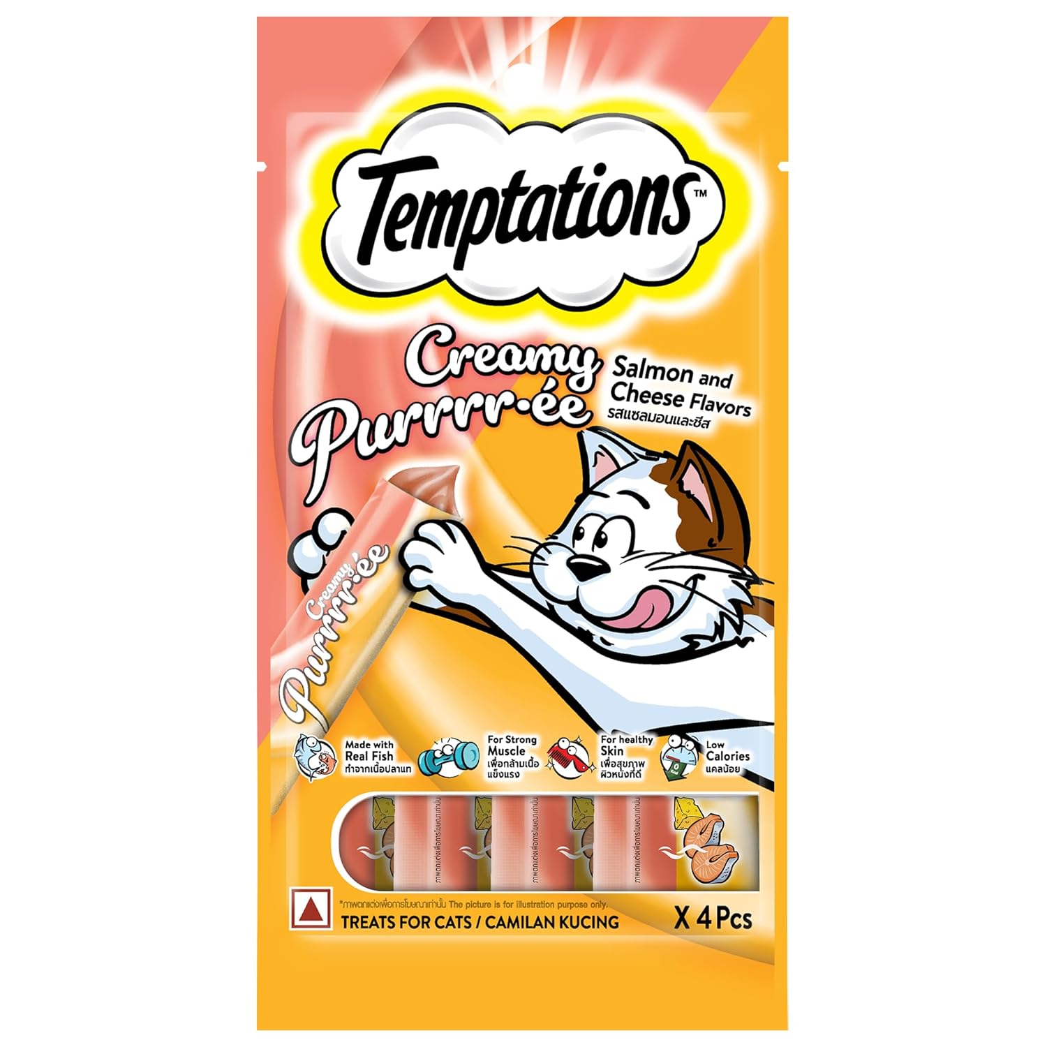 Temptations Creamy Purrrrr-ée Lickable Cat Treats, Salmon & Cheese Flavour, 48 g, Made with Real Fish, Goodness of Protein, Vitamins & Minerals