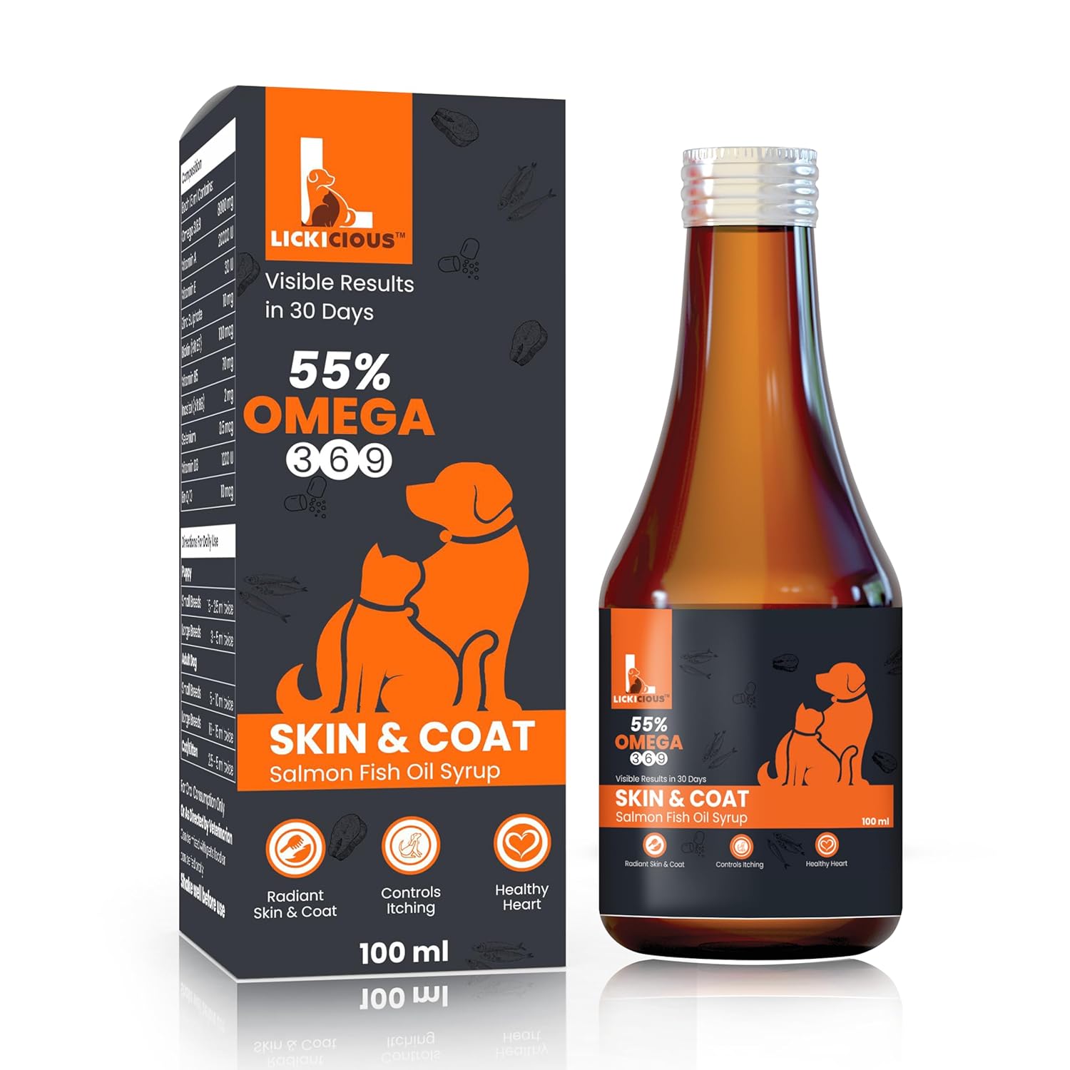 LICKICIOUS Skin & Coat Syrup for Dogs & Cats 100 ml | 55% Salmon Fish Oil, Omega 3 6 9 | Shinier Coat, Itch & Allergy Control | Improves Skin & Hair Health | Nutritional Supplement/Tonic for Pets