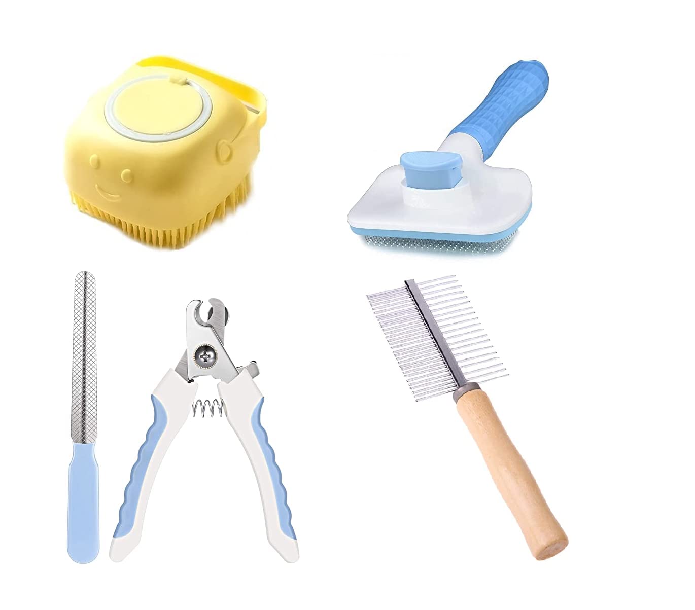 PSK PET MART Dog Grooming Kit-Dog Nail Clippers with Filer+ Dog Bathing Sampoor +Dog Plastic Pin Slicker Brush with Press Key for adult & puppy + Double Side Wooden Comb of 5