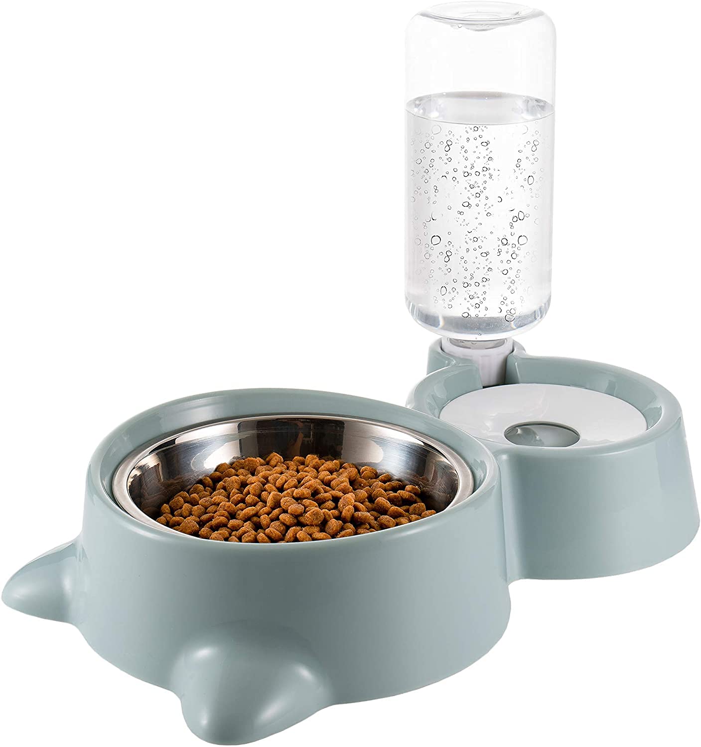 CREDLY Double Bowl Water and Food Cat Feeder Detachable Stainless Steel Bowl and Automatic Water Dispenser Bottle for Kitten, Puppies and Small Cat Dog Blue Set of 1