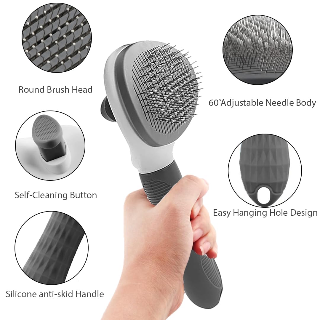 Petola Dog and Cat Hair Brush with Self-Cleaning Button – Pet Grooming Brush for Shedding and Massage with Soft Grip Handle and Beaded Bristles for Cats and Dogs, 6-Month Warranty – India