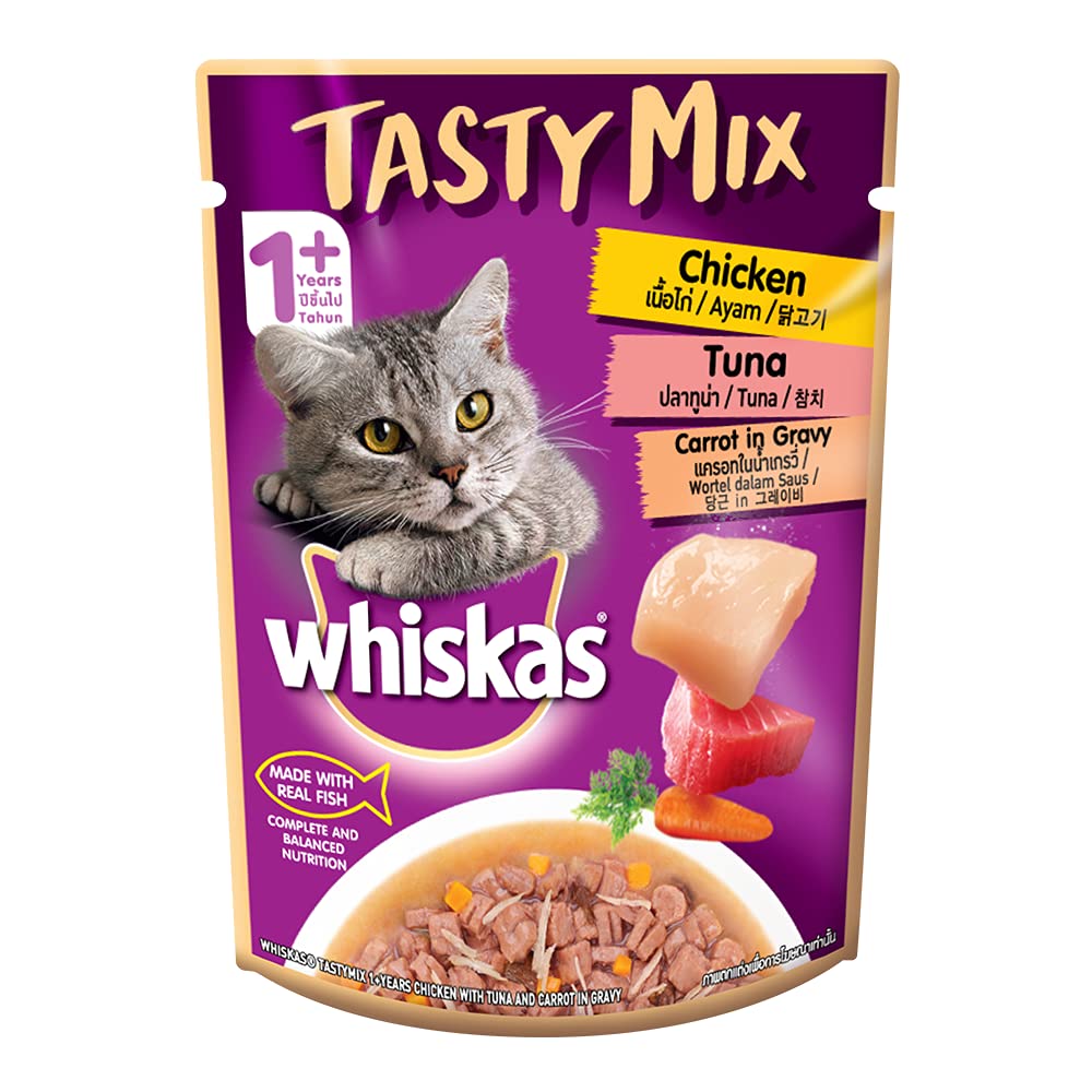 Whiskas Adult (1+ Year) Tasty Mix Wet Cat Food Made with Real Fish, Chicken with Tuna and Carrot in Gravy – 70G Pouch