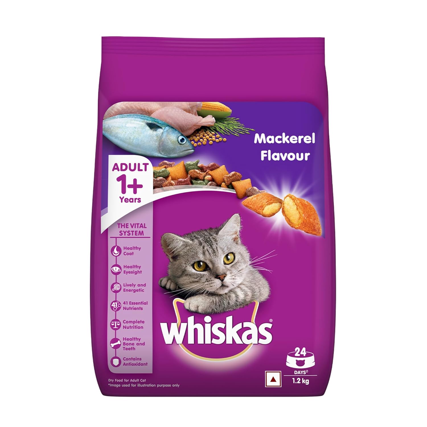 Whiskas Adult (1+ Years) Dry Cat Food, Mackerel Flavour, 1.2 kg, Contains 41 Essential Nutrients, Complete & Balanced Nutrition for Adult Cats