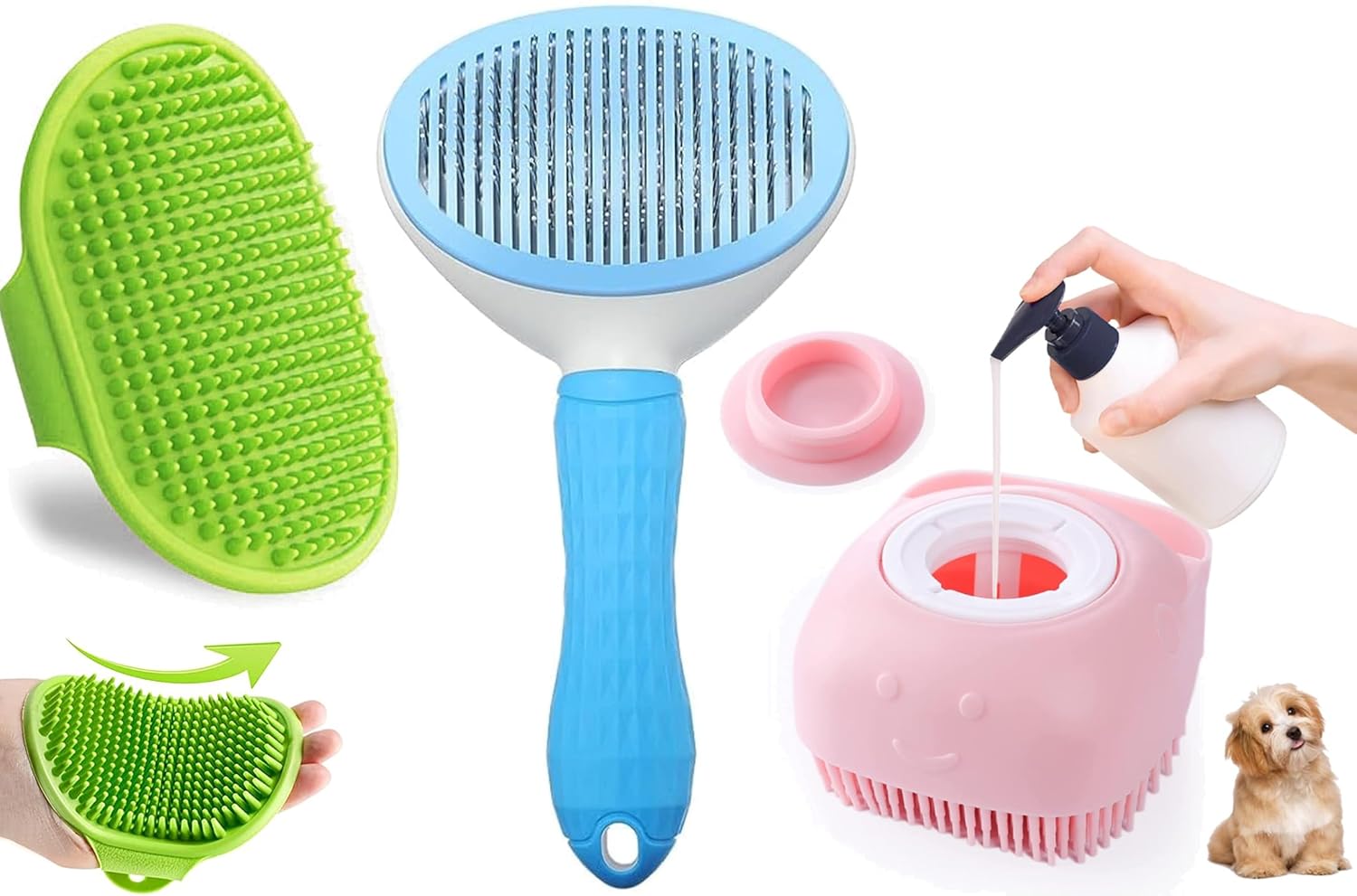 Styllent 3Pcs Pet Grooming Set Self Cleaning Slicker Brush Pets Long Short Hair Brushes Removes Massage Rubber Bath Shampoo Washing Brush Hand Comb Daily Use Easy To Remove Hair For Dog & Cat