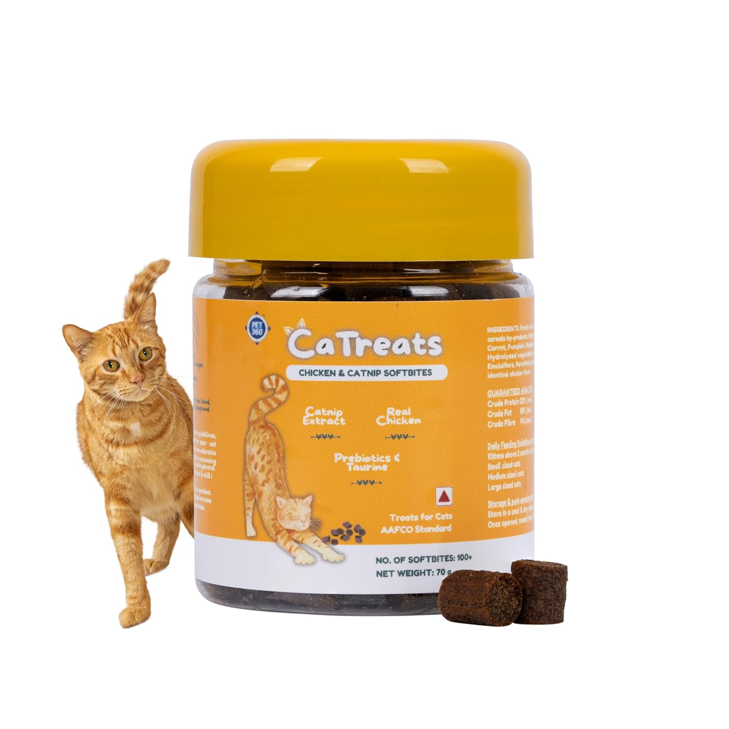 PET360 CaTreats|Real Chicken & Catnip Softbites|Prebiotics|Taurine & Arginine|100+ Softbites Treats|Promotes Relaxation|Promotes Playful Behaviour|Pack of 70 GMS (Pack of 1, All Life Stages, Cube)