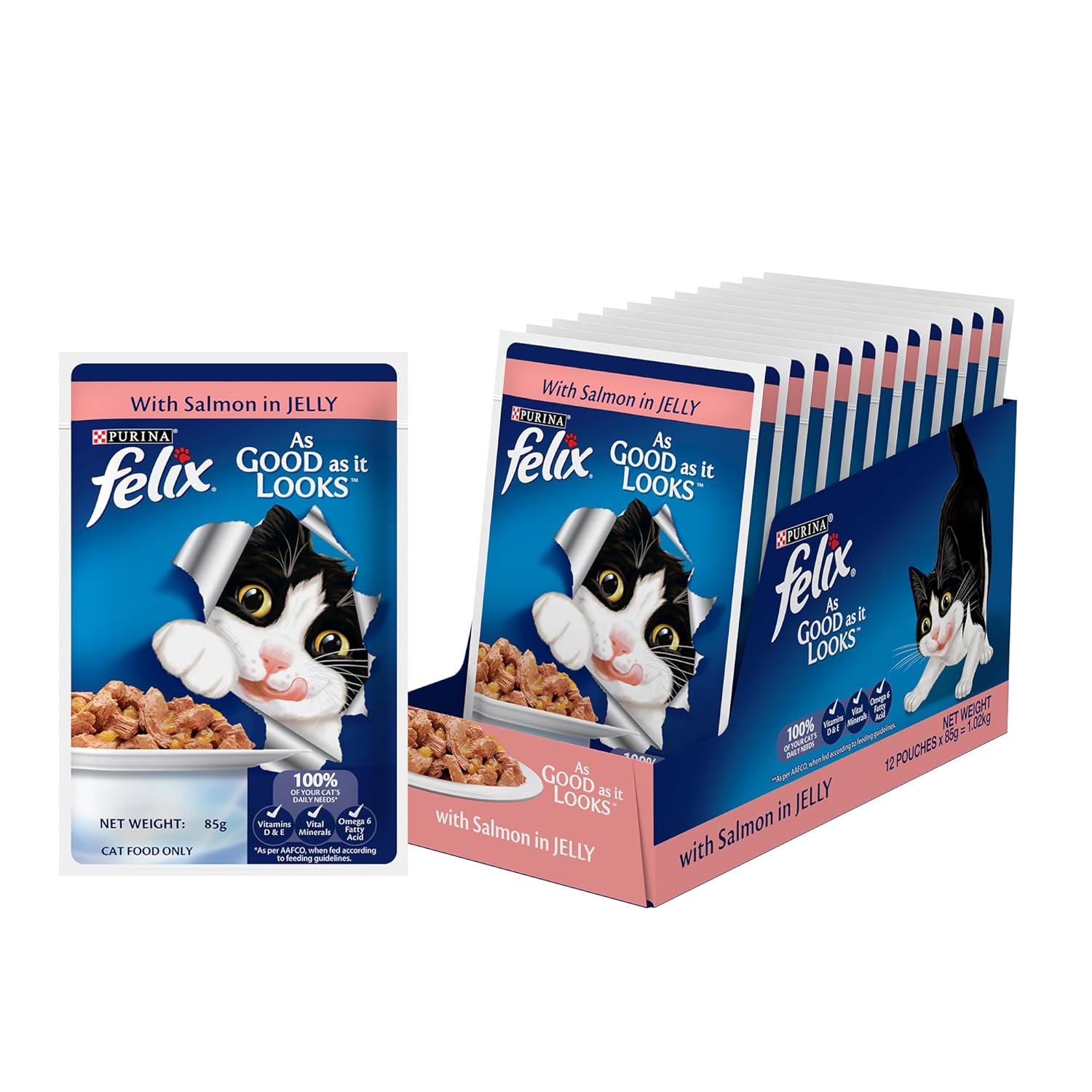 Purina Felix with Salmon in Jelly | Wet Food for Adults | Complete and Balanced Kitten Food, Pack of 12 Pouches (12 x 85 g) Purina Felix with Salmon in Jelly | Wet Food for Adults | Complete and Balanced Kitten Food, Pack of 12 Pouches (12 x 85 g)