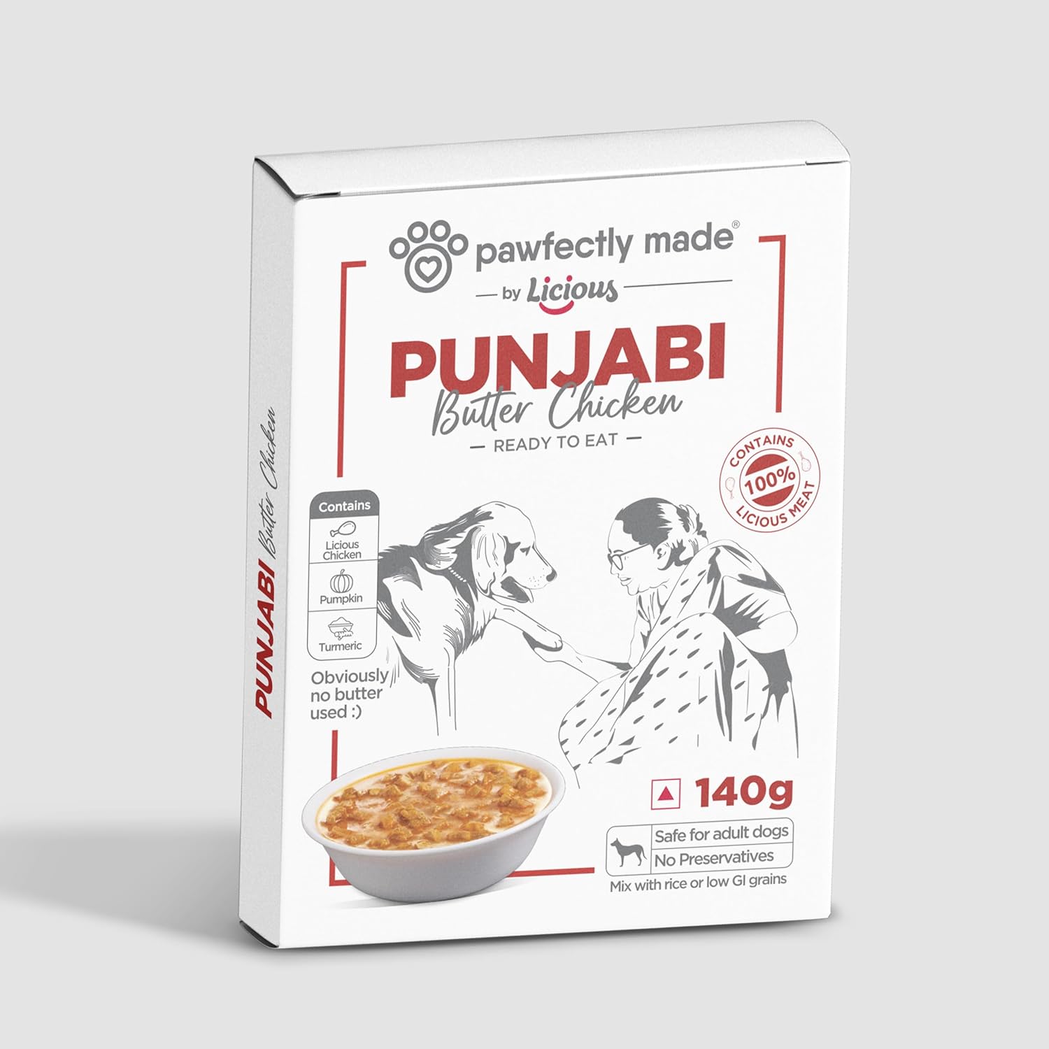 Pawfectly Made by Licious Wet Dog Food | Grain-Free, Protein-Rich & Easy to Digest | Real Licious Meat in Gravy | for All Adult Dog Breeds | 140g Pouch (140 Grams, Punjabi Butter Chicken)