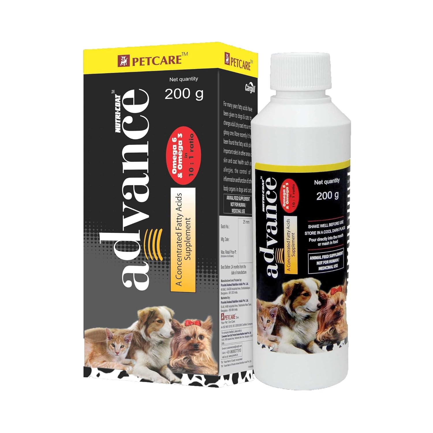 NUTRI-COAT Advance Contains Omega6 and Omega3 Fatty Acids Supplement with Vitamins | Black and Yellow | Liquid | 200 gm