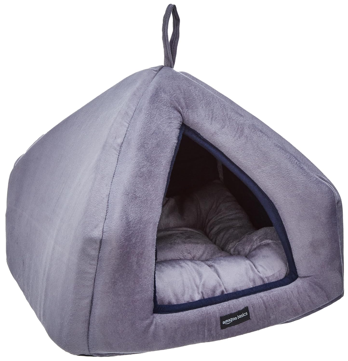 Amazon Basics Premium Soft Velvet Pet Hut House | For Cats, Kittens and Small Dogs | With Reversible Cushion | Washable Cozy and Comfortable | Small | 40 x 40 x 40 cm | Navy Blue and Grey