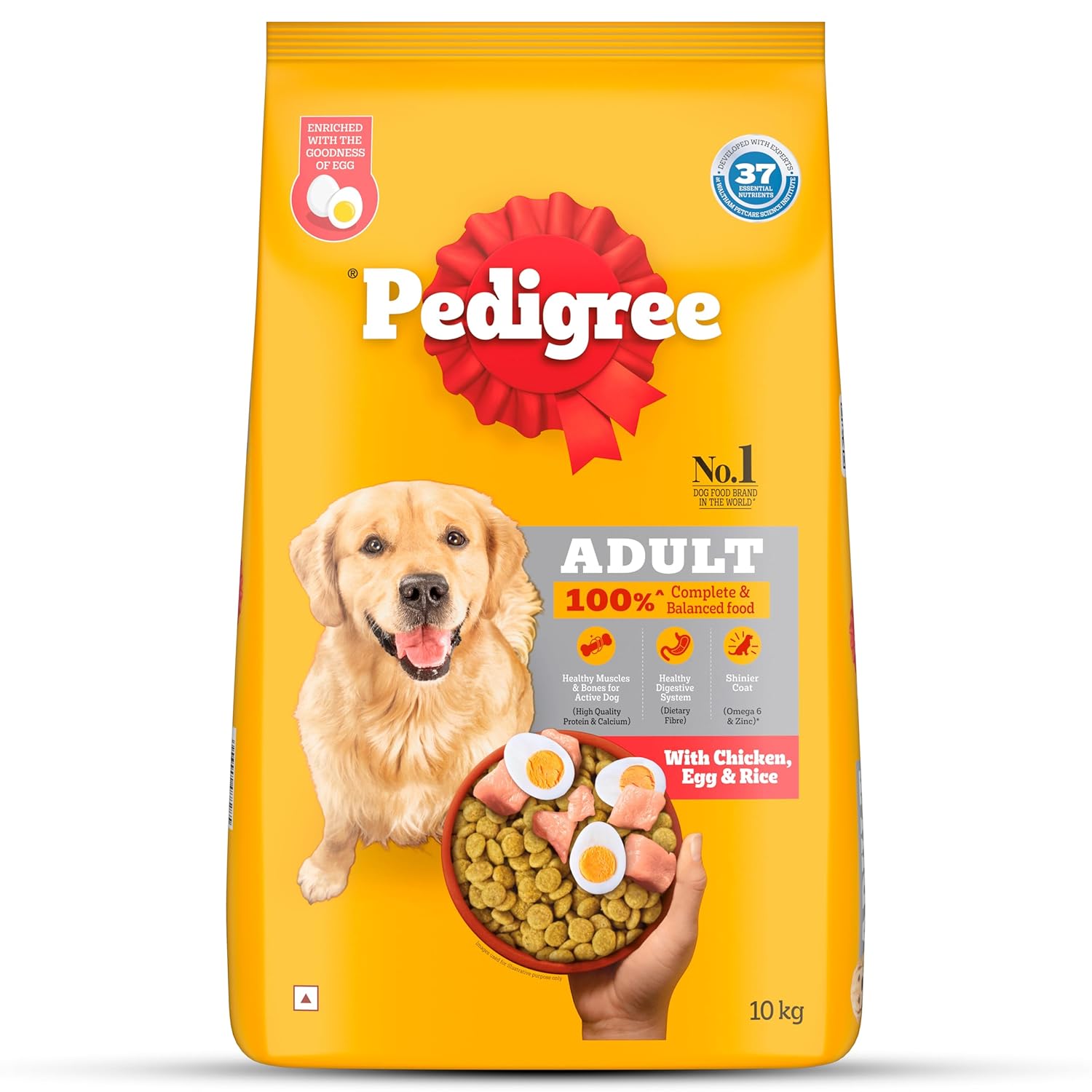 Pedigree Adult Dry Dog Food, Chicken, Egg & Rice, 10 kg, Contains 37 Essential Nutrients, 100% Complete & Balanced Food for Adult Dogs