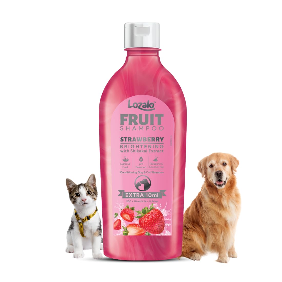 Lozalo Fruit Pet Shampoo 200 ml, Strawberry, Controls Bad Odour & Keep Pets Calm pH Balanced, Paraben Free Conditioning Shampoo for Dogs & Cats of All Breeds, Brightening with Shikakai Extract