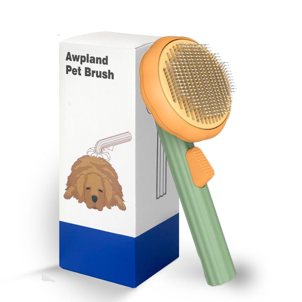 Awpland Pet Pumpkin Self Cleaning Slicker Brush for Dogs Cats Puppy Rabbit, Dog Grooming Brush Tool Gently Removes Loose Undercoat, Cat Mats Tangled Hair Slicker Brush for Short & Long Hair