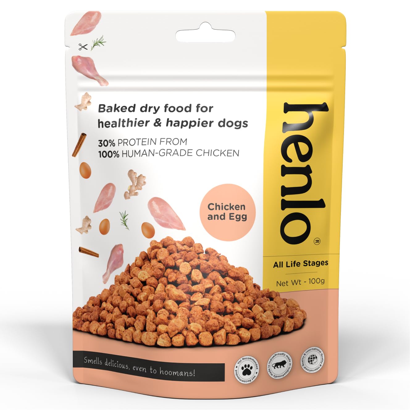Henlo Chicken and Egg Baked Dry Dog Food for Adult and Puppy Dogs | 100G | 100% Human-Grade Ingredients | Nutritionally Balanced Healthy Dog Food