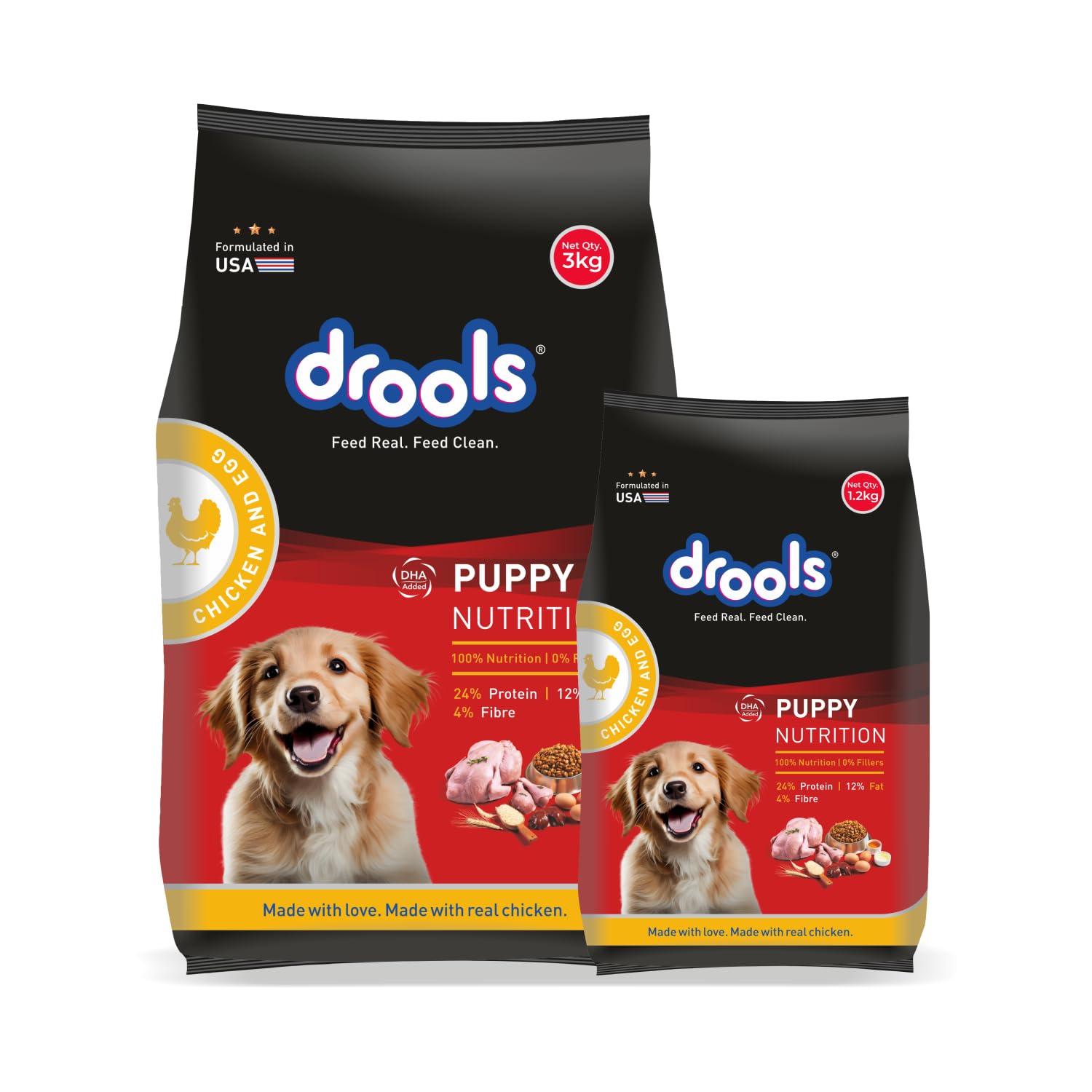 Drools Puppy Dry Dog Food Chicken and Egg, 3kg with Free 1.2kg, Total 4.2 kg Pack