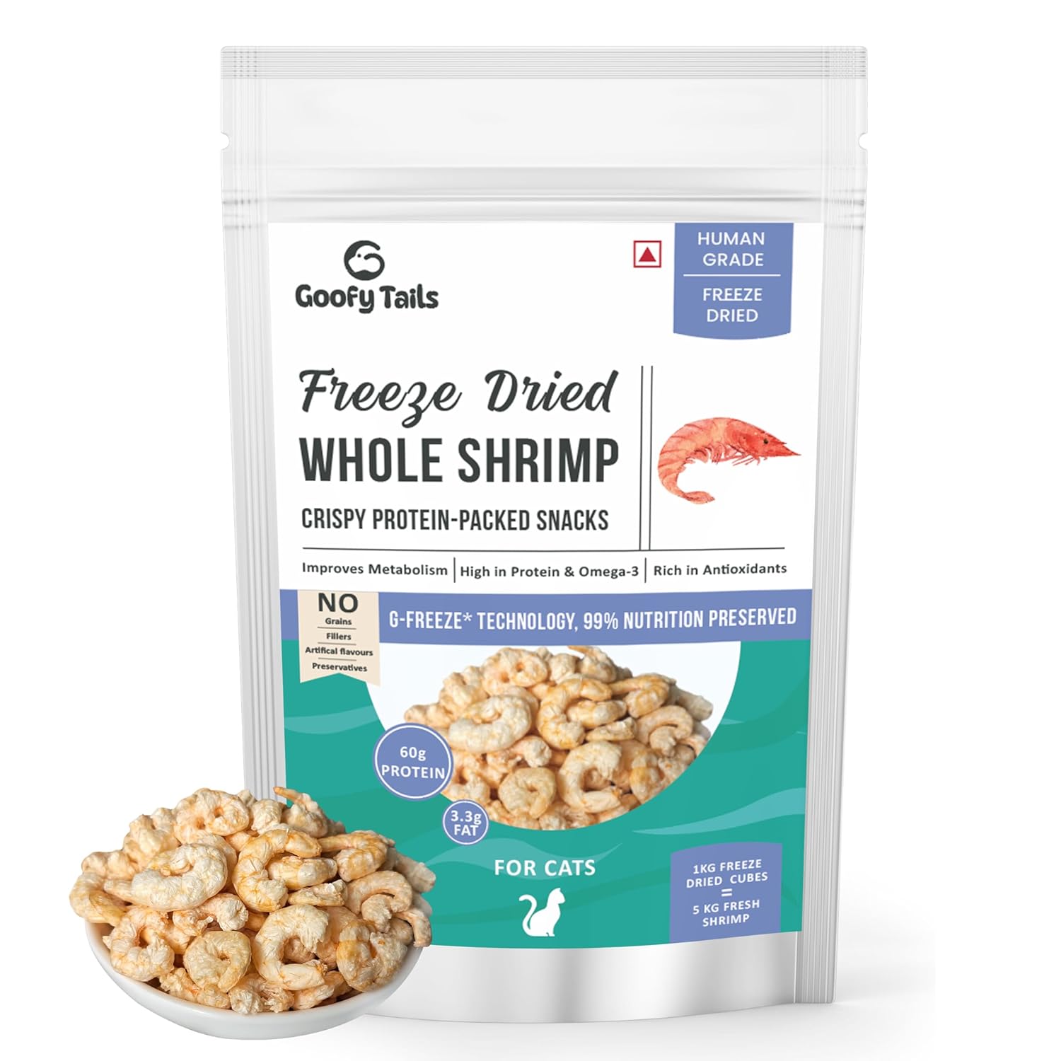 Goofy Tails Freeze Dried Shrimp Cat Treats 30g, Single Ingredient Shrimp Cat Treat, Gluten and Grain Free Treats for Cats, Protein and Omega 3, Antioxidant Rich, Easy to Digest Kitten Treat