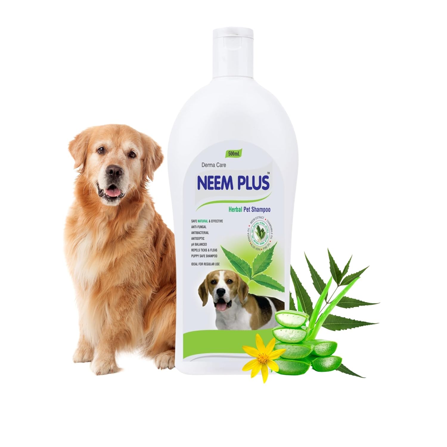 Pil Neem Plus Herbal Pet Shampoo 500 ml | Anti-Fungal, Anti-Itching, Antibacterial, Antiseptic & pH Balanced Pet Shampoo | Coat Cleansing and Conditioning Tick & Fleas Shampoo for Pets