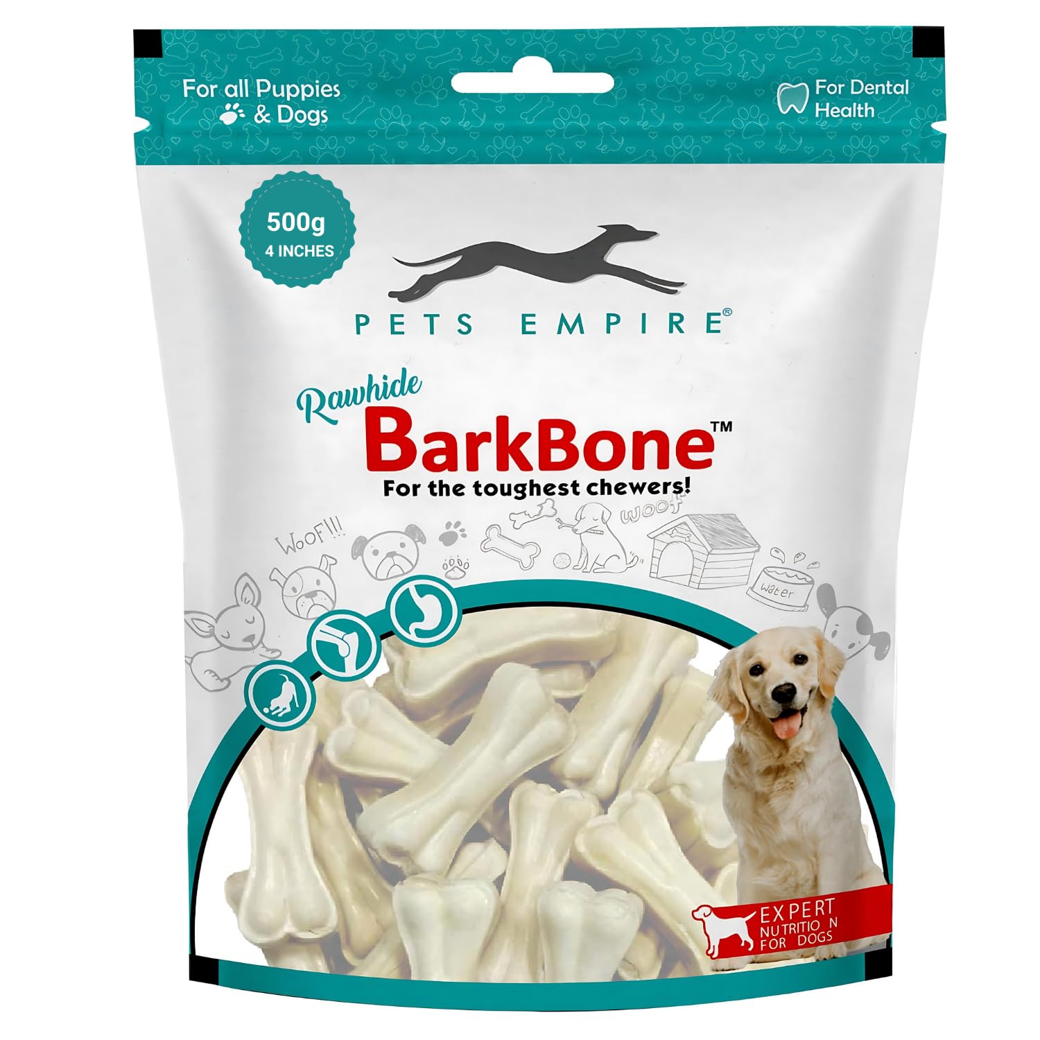 PETS EMPIRE Rawhide Pressed Chew Dog Bone Pack 4 Inches, Chewy Dogs Training and Feeding Treats, Crunchy Chew Calcium Bones, Pet Haddi Treat for Dogs, Pups, Puppies – 500g