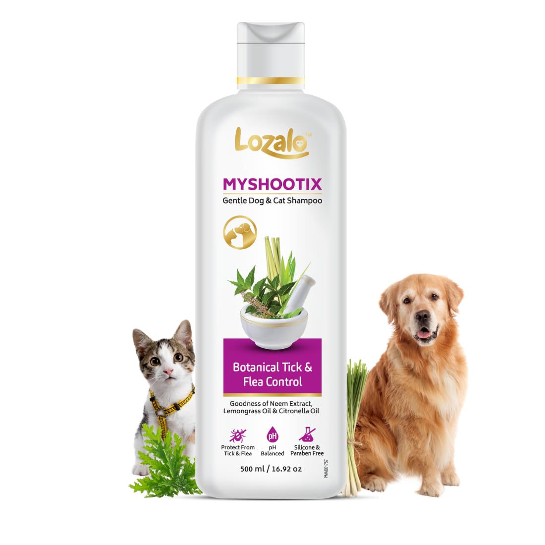 Lozalo Botanical My Shootix Anti Tick Pet Shampoo 500 ml, Tick and Flea Control Shampoo for Dogs & Cats of All Breeds, with Neem, Citronella & Tulsi Extract, Paraben Free