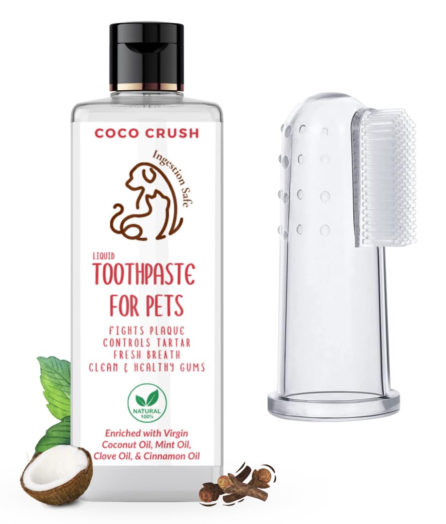 Coco Crush Natural Liquid Pet Toothpaste & Finger Toothbrush|Clove,Peppermint,& Cinnamon Flavour|Fights Plaque & Tartar|Ingestion Safe,for Dogs,Cats,Puppies,Kittens (50Ml) – Manual,Adult,Kid,1 Count
