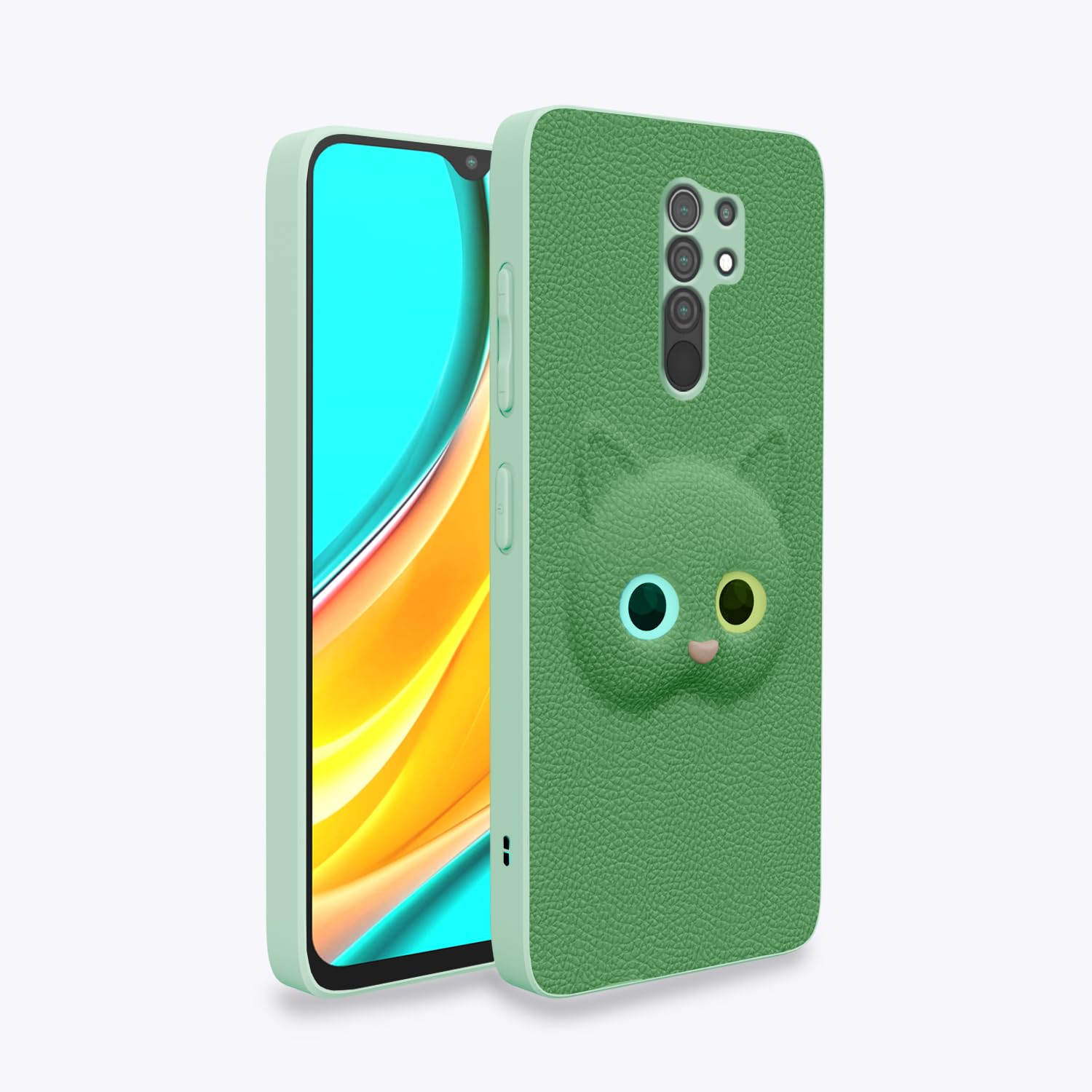 Pikkme Back Cover for Redmi 9 Prime/Poco M2 | Cute Cat Leather Finish | Soft TPU | Bumper Case for Girls (Green)