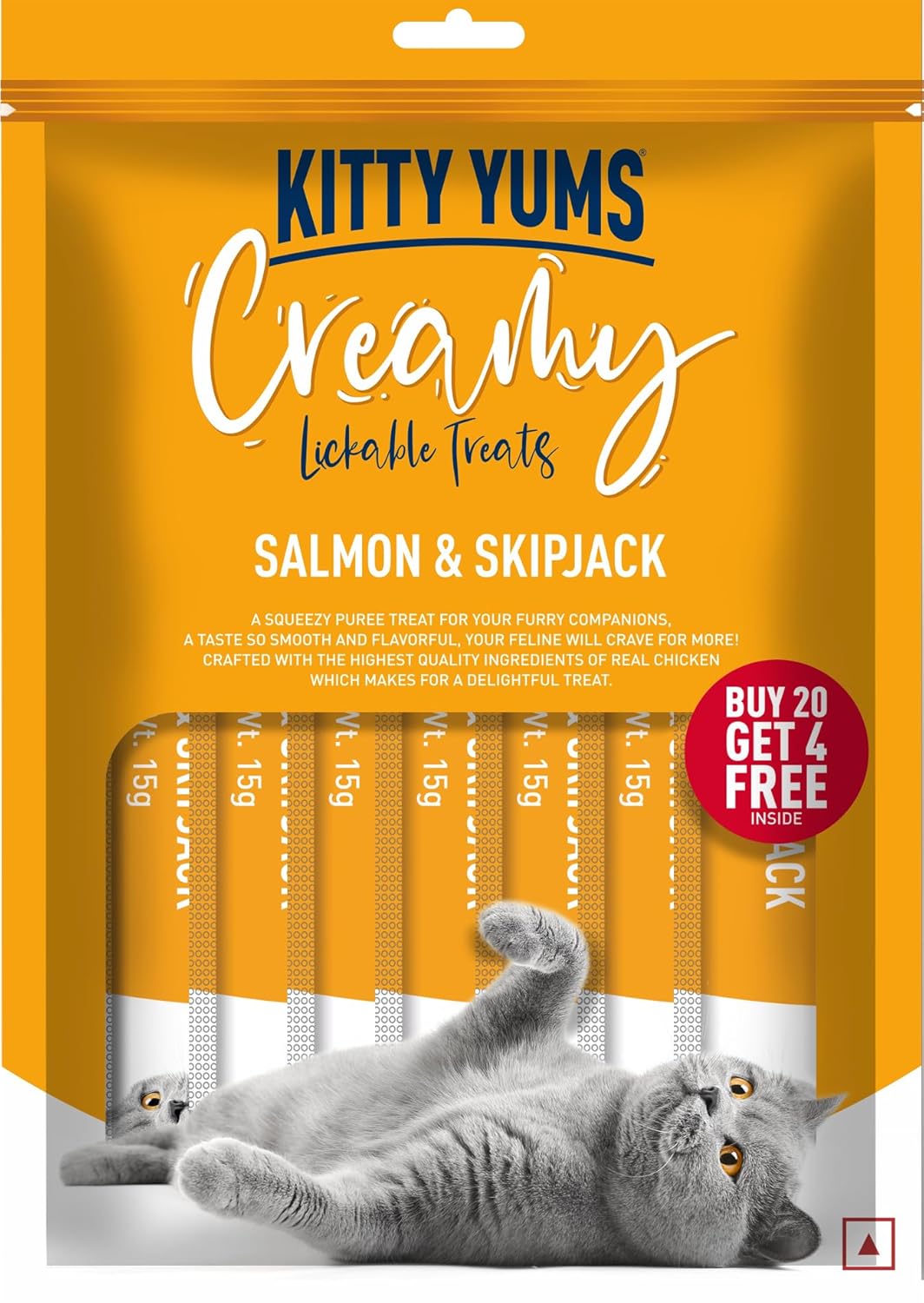 Kitty Yums Creamy Lickable Cat Treats,Salmon & Skipjack,360Gm(15g x24 Pcs)| Rich in Protein,Taurine for Heart,Ideal for Training and Bonding, Promotes Hydration|Treats for Kitten and Adult Cats