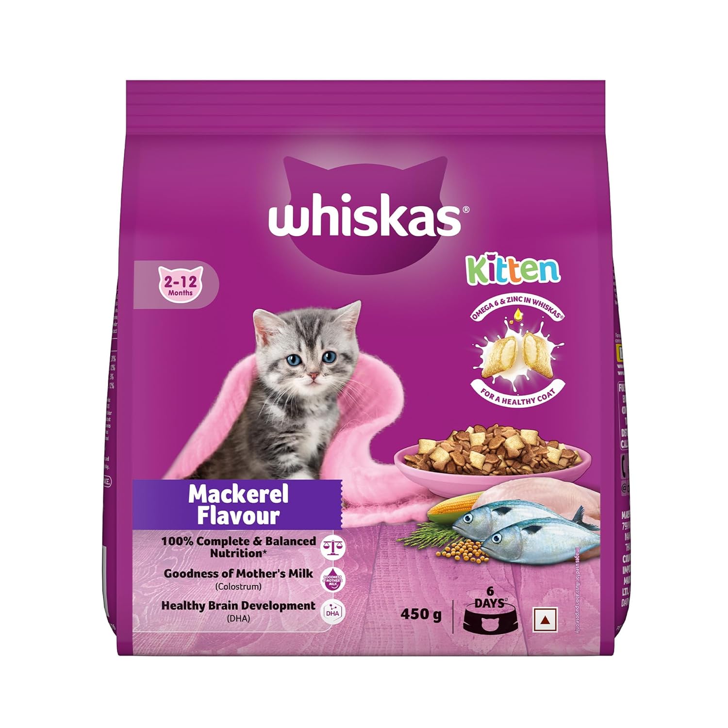 Whiskas Junior Mother Cat & Kitten (2-12 Months) Dry Cat Food, Mackerel Fish Flavour, 450 g, Contains 41 Essential Nutrients, Complete & Balanced Nutrition for Mother Cats & Kittens