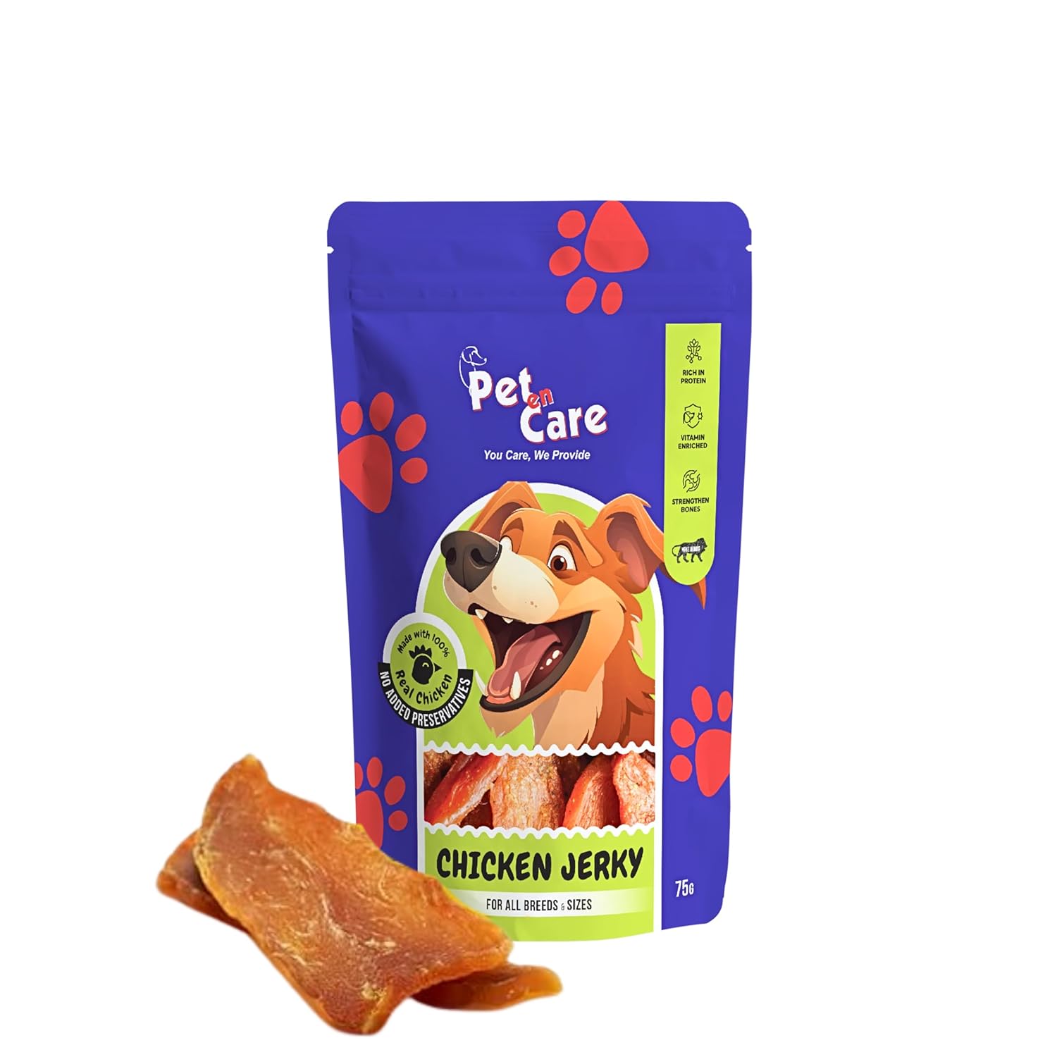 Pet en Care Chicken Jerky Dog Treats, 75gm | Protein Rich | Vitamin Enriched | All Breeds and Sizes