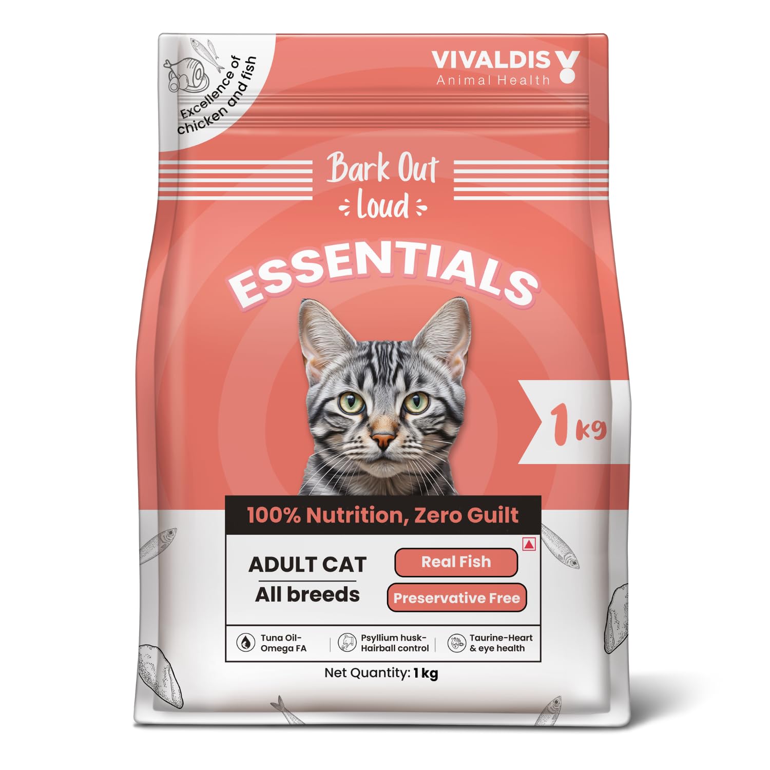BARK OUT LOUD – Essentials Cat Dry Food | Fresh Fish & Chicken | Hairball Control | Taurine| Antioxidants | Prebiotics -No Preservatives & Sugar Kibbles for Adult Cat (1kg)