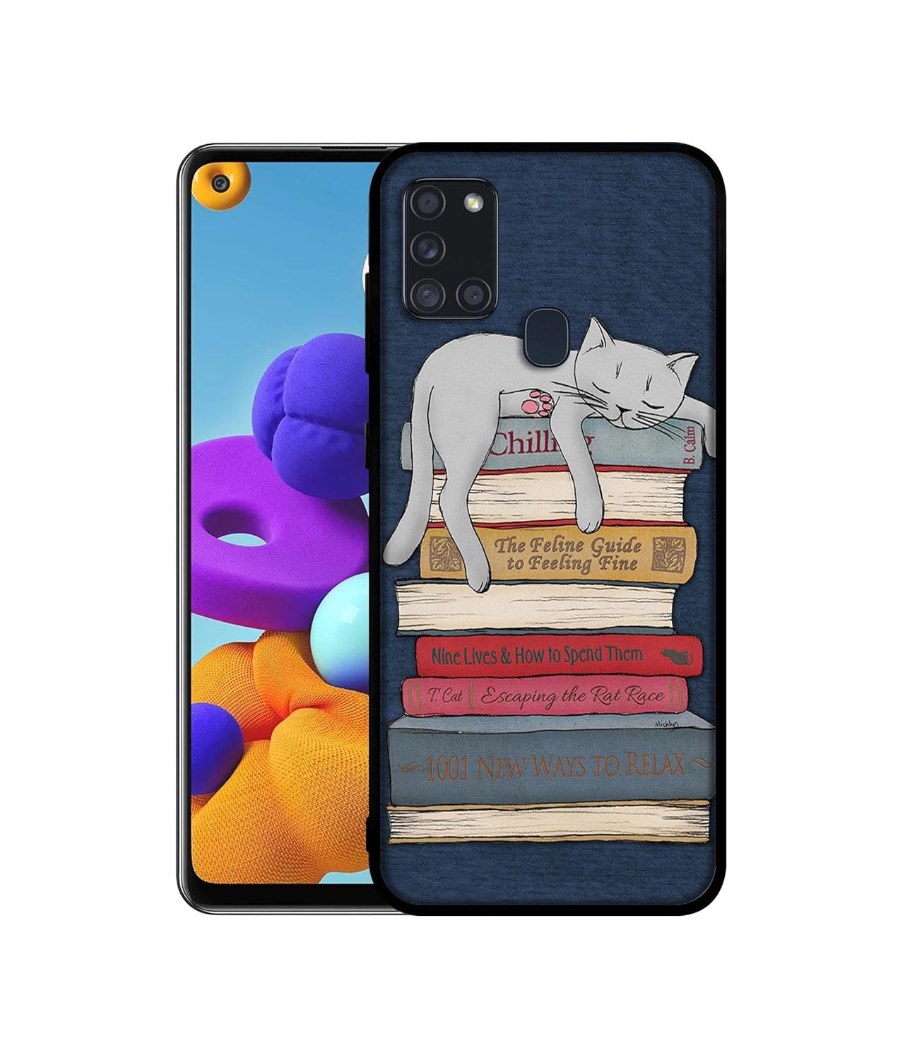 Casotec Cat Sleeping On The Books Design Premium 2D Printed Metal Back Case Cover for Samsung Galaxy A21S 4G