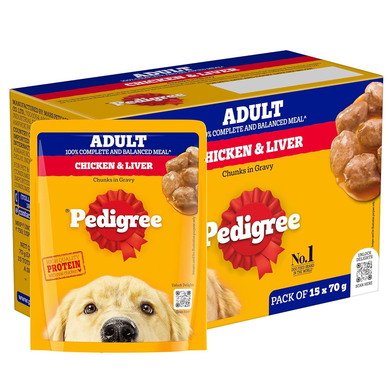 Pedigree Adult Wet Dog Food, Chicken & Liver Chunks in Gravy, 70 g (Pack of 15), Complete & Balanced Meal for Adult Dogs
