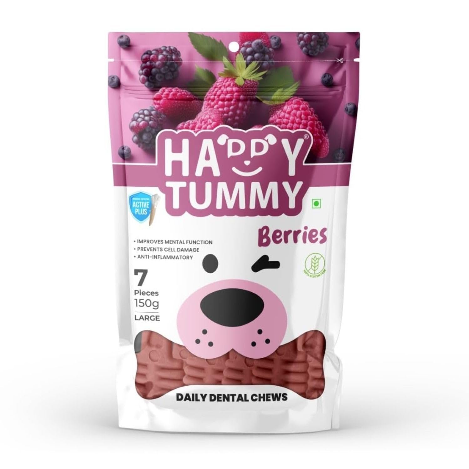 Happy Tummy Bone Treat for Medium to Large Dogs (Berries Bone, 7 Pieces, Large) | Daily Dental Chew for Dogs | Improves Mental Function, Anti-Inflammatory | Sold by Foodie Puppies with Free Key Ring