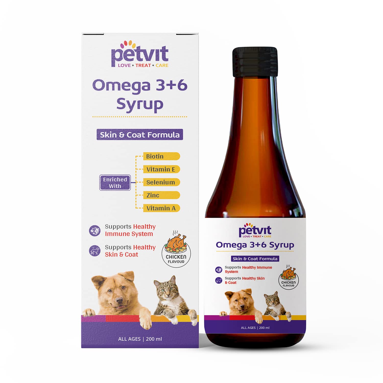Petvit Omega Rich Skin & Coat Sardine Oil | Sardine Fish Flavour – 200ml & Omega 3 + 6 Syrup with Omega 3, 6, Vitamin A, Biotin | Chicken Flavour | for All Ages Breed Dogs & Cats – Combo (Pack of 1)