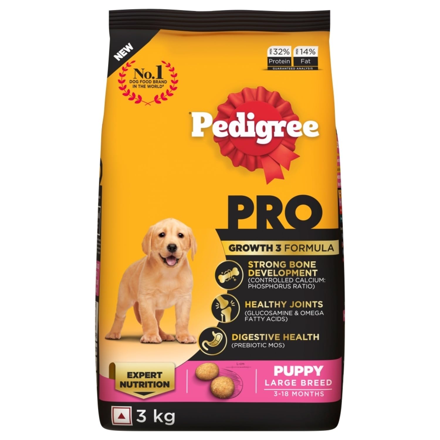 Pedigree PRO Puppy Large Breed, 3 kg Dry Dog Food, Vet Trusted Brand, Expert Nutrition, Quality Protein, 33% More Nutrients (3-18 Months)