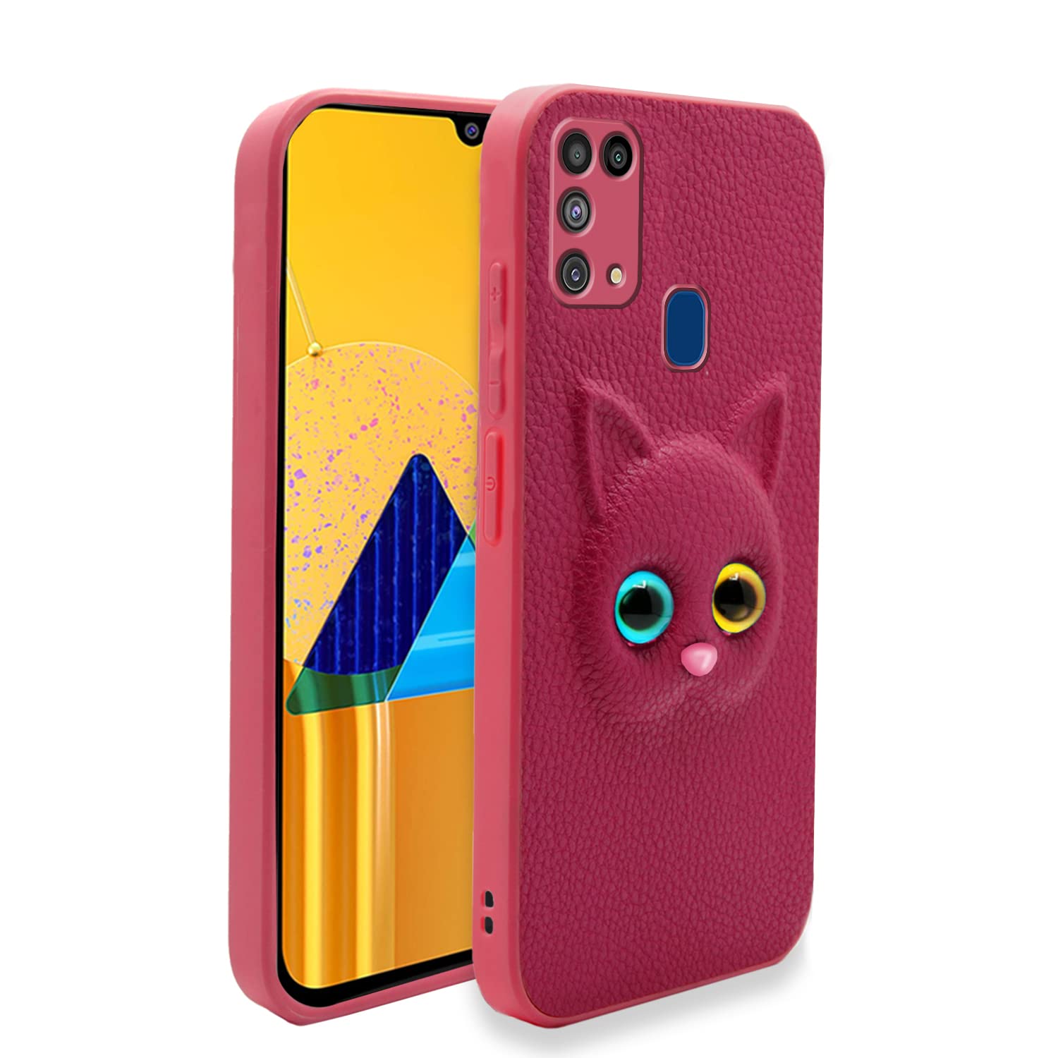 Pikkme Samsung Galaxy M31 / M31 Prime / F41 Back Cover for Girls | Cute Cat Leather Finish | Soft TPU | Case for Samsung Galaxy M31 / M31 Prime / F41 (Pink)