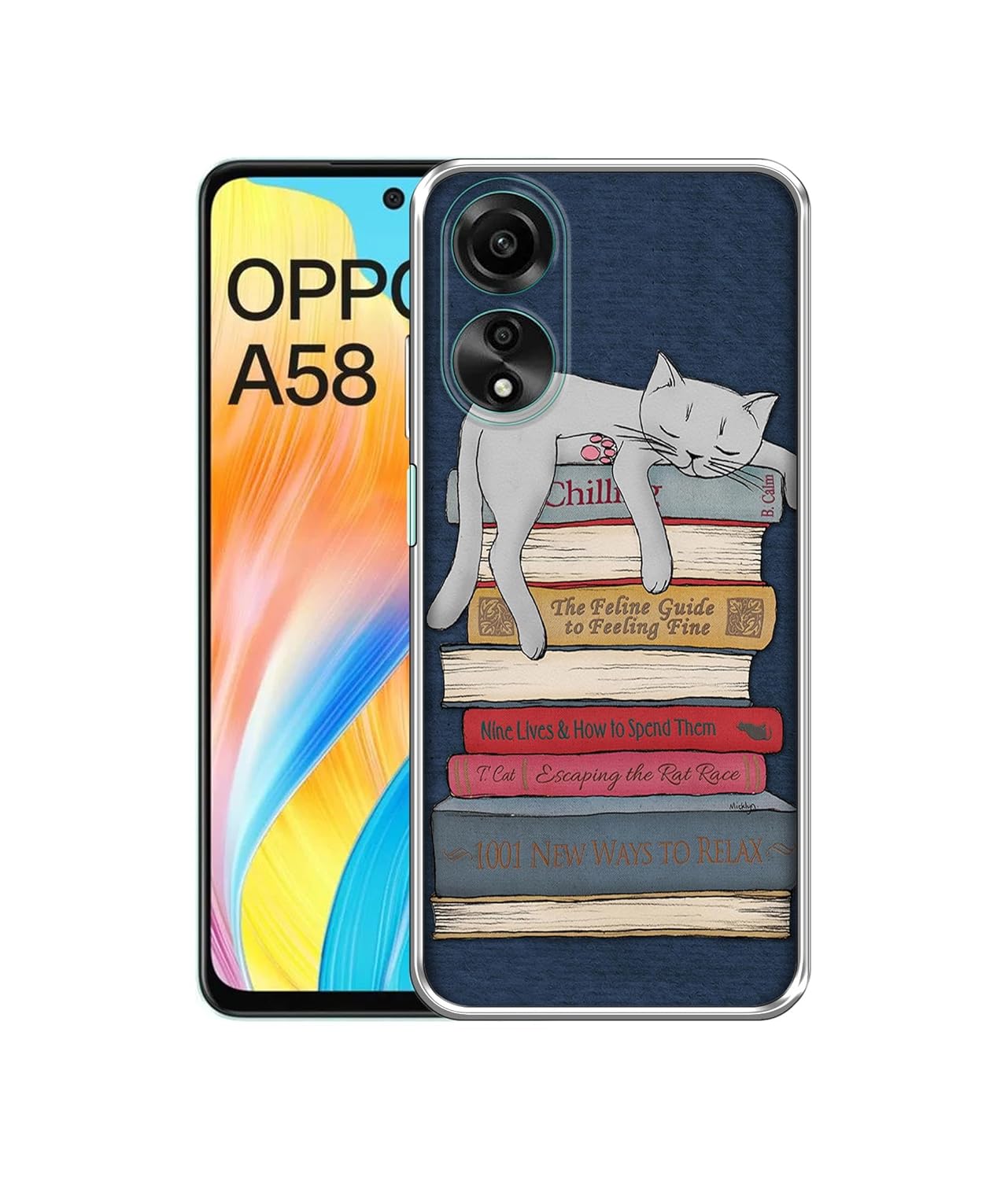 Casotec Cat Sleeping On The Books Design Printed Silicon Soft TPU Back Case Cover for Oppo A58 4G