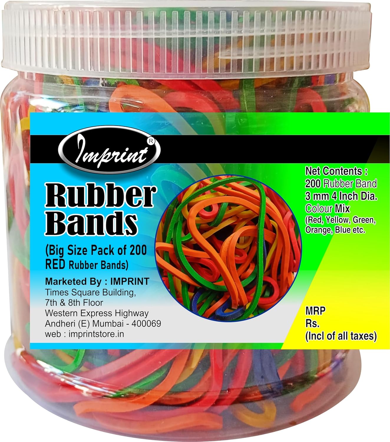 IMPRINT Big Size Rubber Bands – (Size 3 mm 4 Inch) in Assorted Colour Heavy Duty Latex Rubber Bands Pack of 200 Pc in a Reusable PET Jar