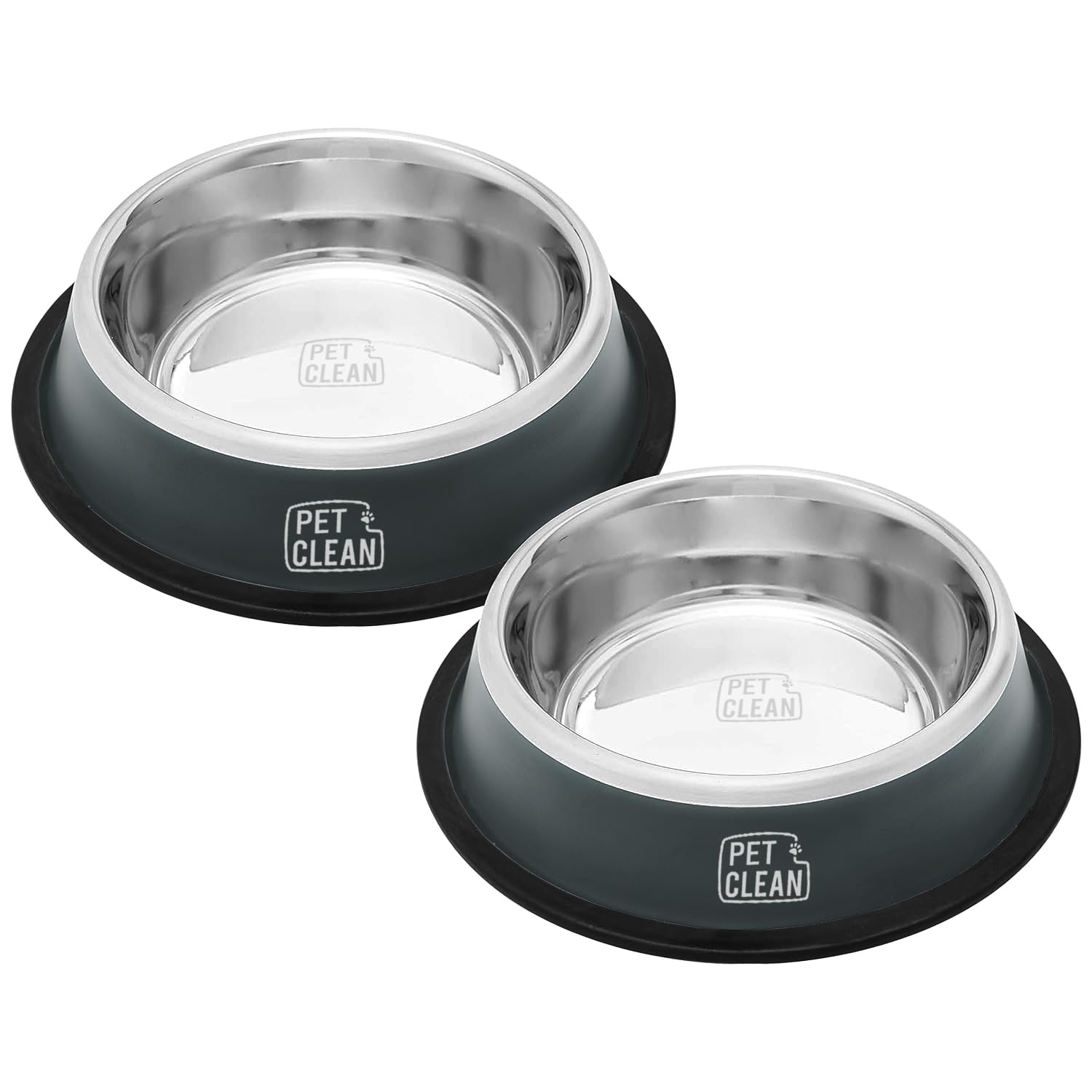 Pet Clean Stainless Steel Dog Bowl, Medium Dog Food Bowl with Rubber Base for Dogs & Cats, 700ml (Set of 2, Grey)