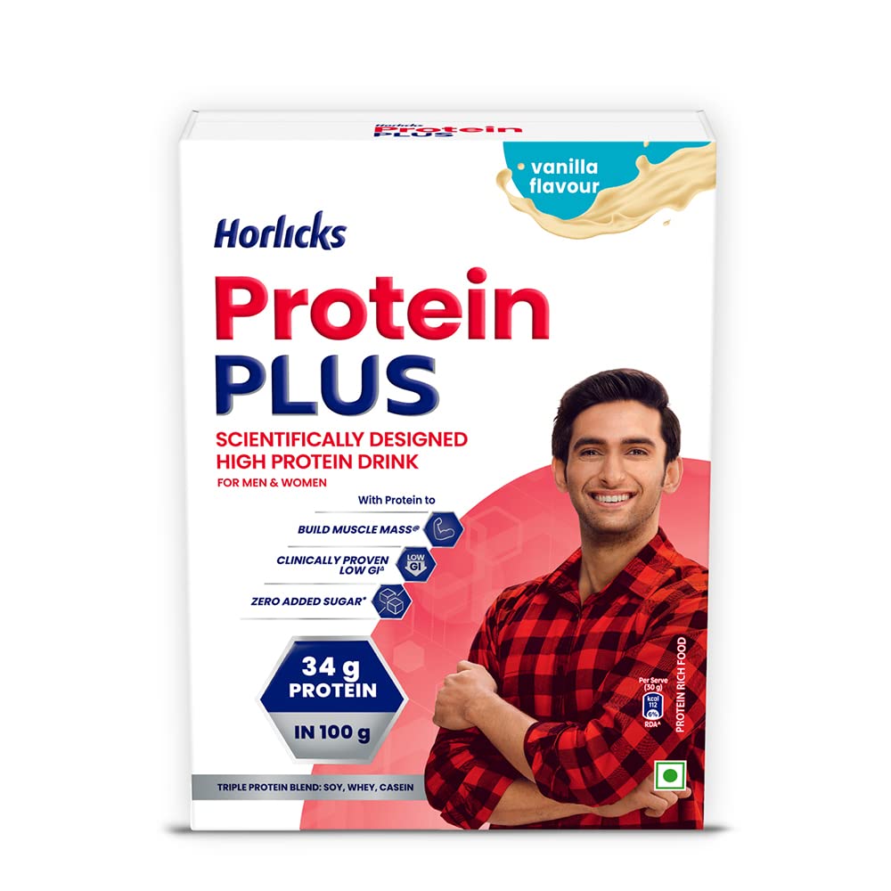 Horlicks Protein Plus Vanilla Protein Drink For Adults, 400Grams Container | Whey, Soy & Casein Blend – High Protein Powder | For Muscle Mass & Strength