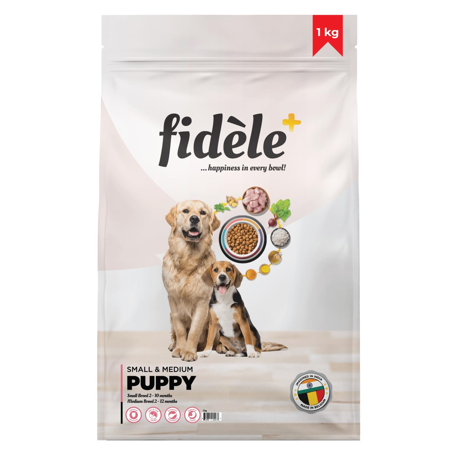Fidele+ Dry Dog Food 1 Kg Small & Medium Breed Puppies Complete & Balanced Diet Supports Growth, Energy, Joints & Immunity No Artificial Flavours, Preservatives
