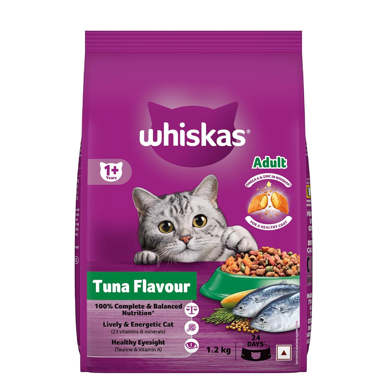Whiskas Adult (1+ Years) Dry Cat Food, Tuna Flavour, 1.2 kg, Contains 41 Essential Nutrients, Complete & Balanced Nutrition for Adult Cats