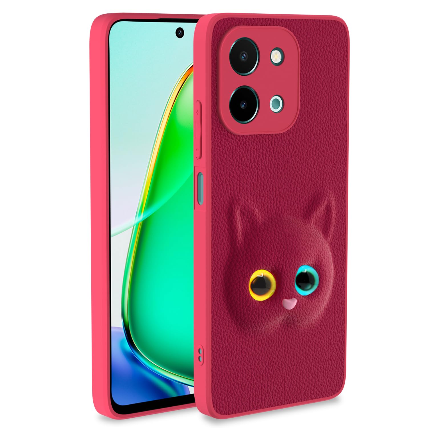 Pikkme Back Cover for Girls | Cute Cat Leather Finish | Soft TPU | Bumper Case for Vivo Y28 4G (Pink)