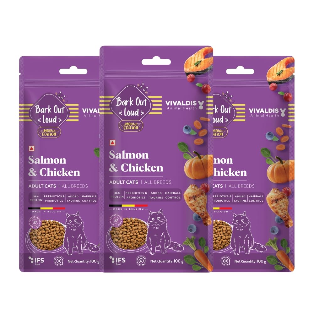BARK OUT LOUD – Premium Cat Dry Food | Fresh Salmon & Chicken | Hairball Control | Added Taurine |Omega Fatty Acids | Probiotivs -No Preservaties – Kibbles for Adult Cat 300 gm