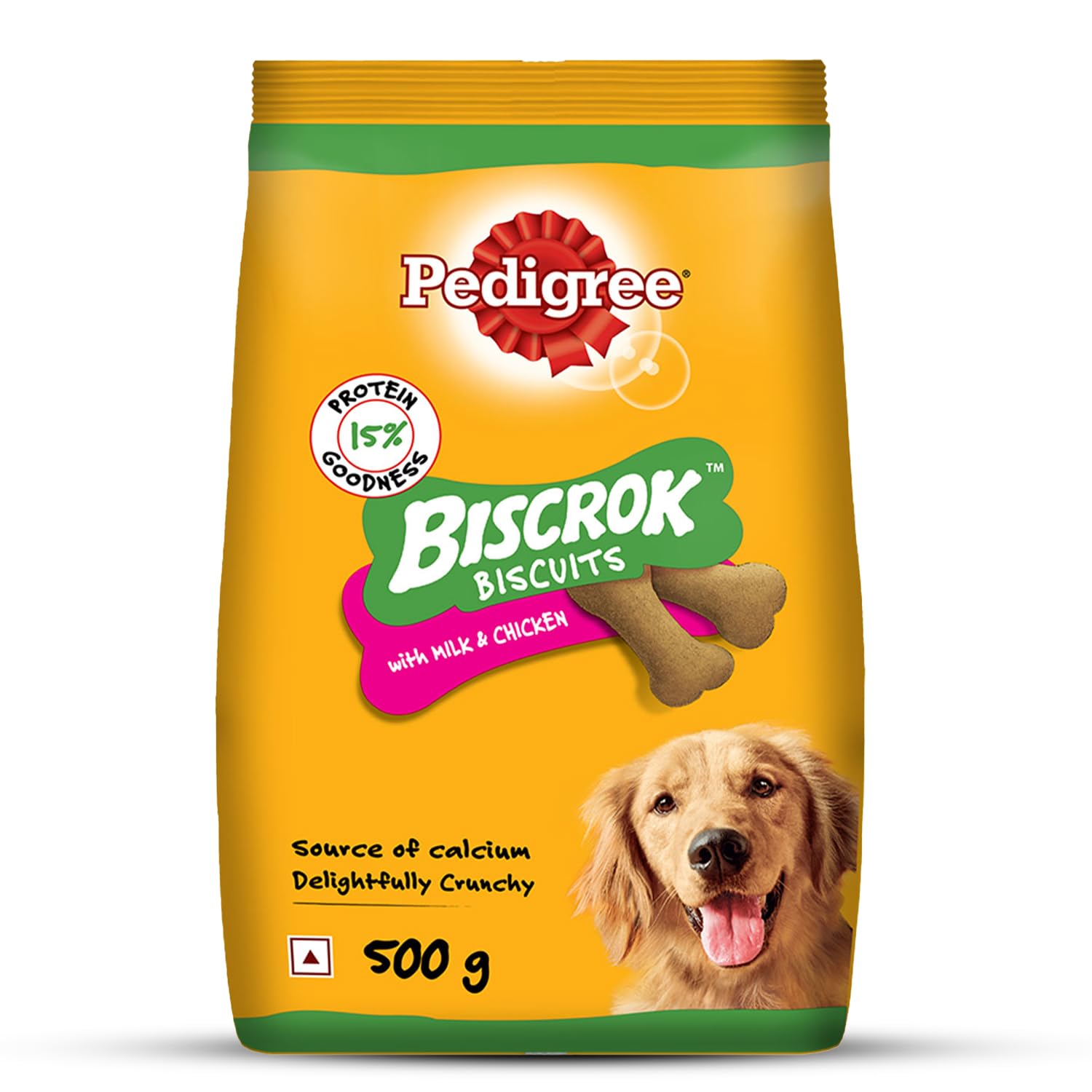 Pedigree Biscrok Biscuits (Above 4 Months) Dog Treats, Chicken with Milk Flavour, 500 g, Source of Calcium, Goodness of 15% Protein