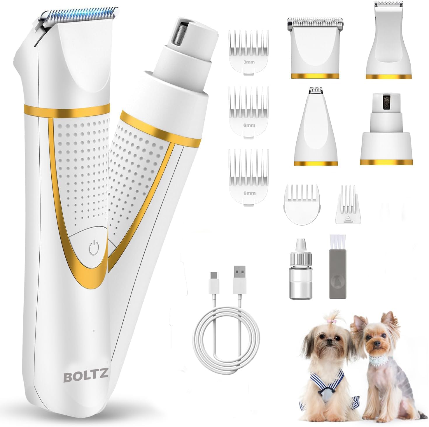 Boltz 4 in 1 Dog & Cat Hair & Paw Trimmer with Nail Grinder – Silent Cordless Grooming Kit for Pets – USB Rechargeable, IPX7 Waterproof, 4 Attachments for Paws, Ears, Face & Nails (White)