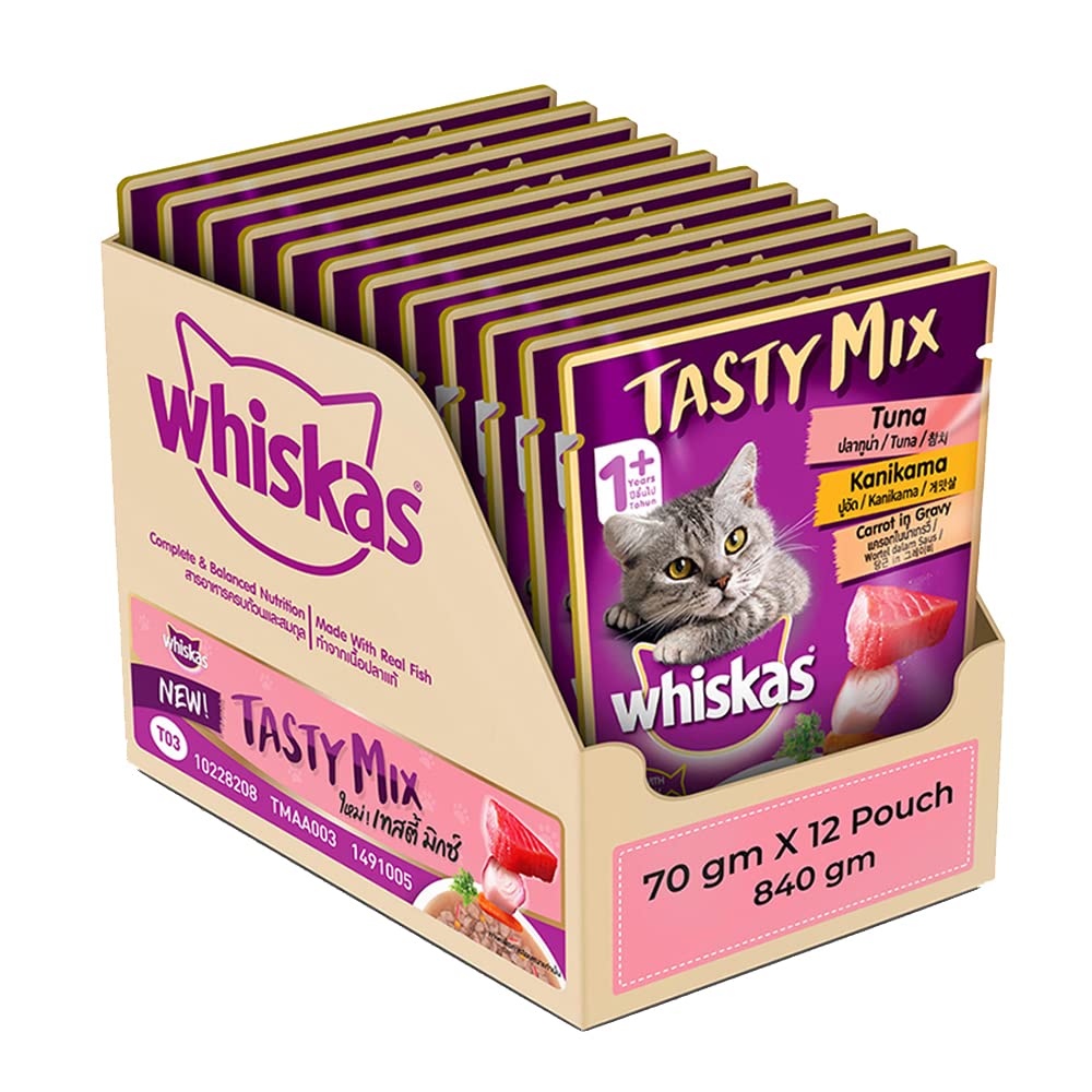 Whiskas Adult (1+ year) Tasty Mix Wet Cat Food Made With Real Fish, Tuna With Kanikama And Carrot in Gravy – Pack of 12 (70g x 12)