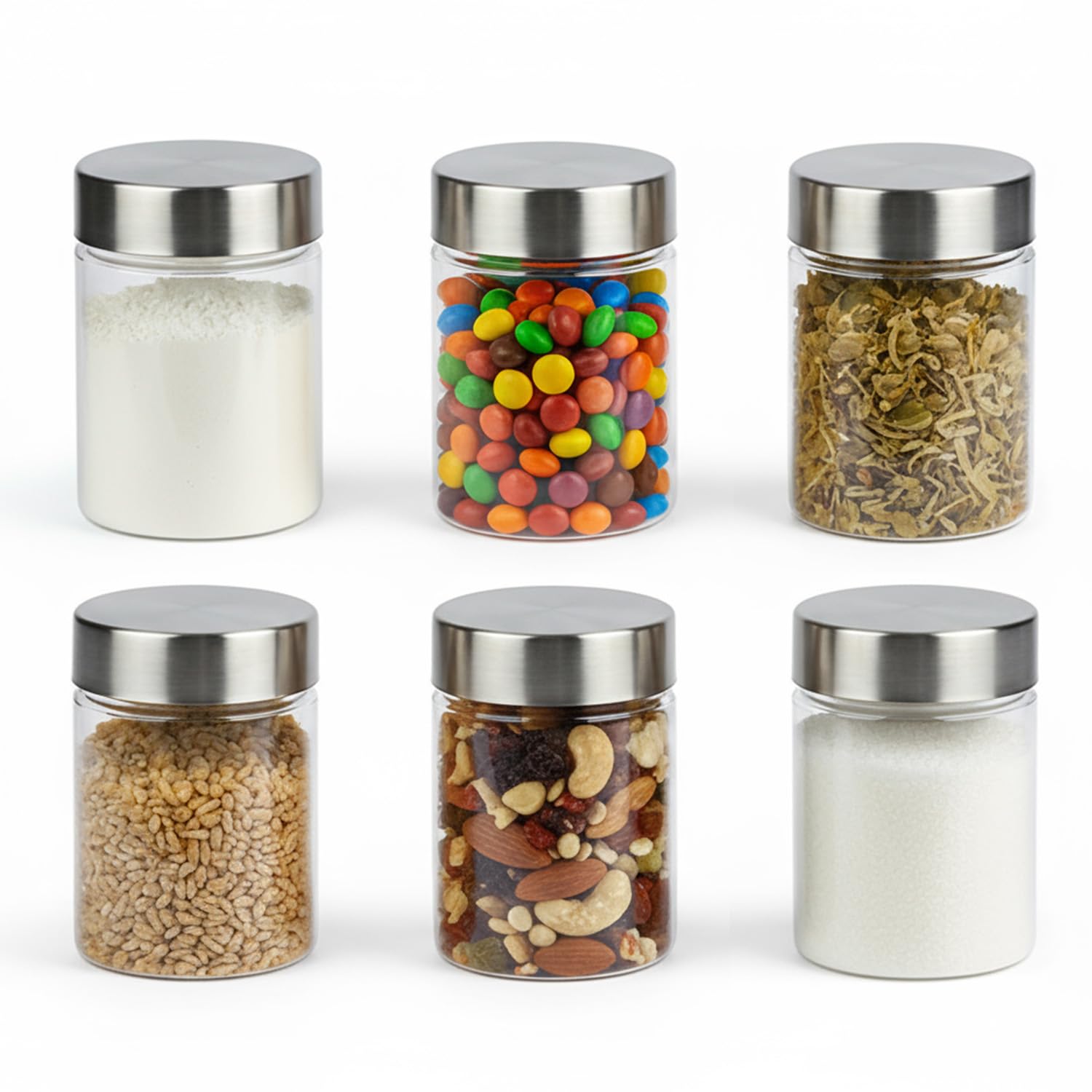 PEARLPET Plus Range Plastic Storage Jars & Containers For Kitchen |Stackable |Air Tight| Steel Cap Jar Set Of 6 Food Grade Boxes For Kitchen storage | Bpa-Free |6 pieces of 300 Ml,Transparent