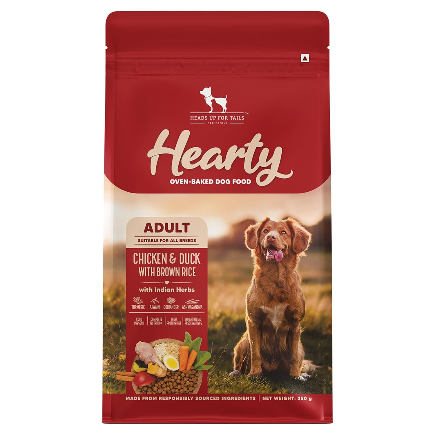 Hearty by HUFT Dry Dog Food for Adult Dogs | Oven-Baked Chicken & Duck with Brown Rice – 250 Gm | Natural, Complete & Balanced Pet Food | No Soy, Corn, GMO