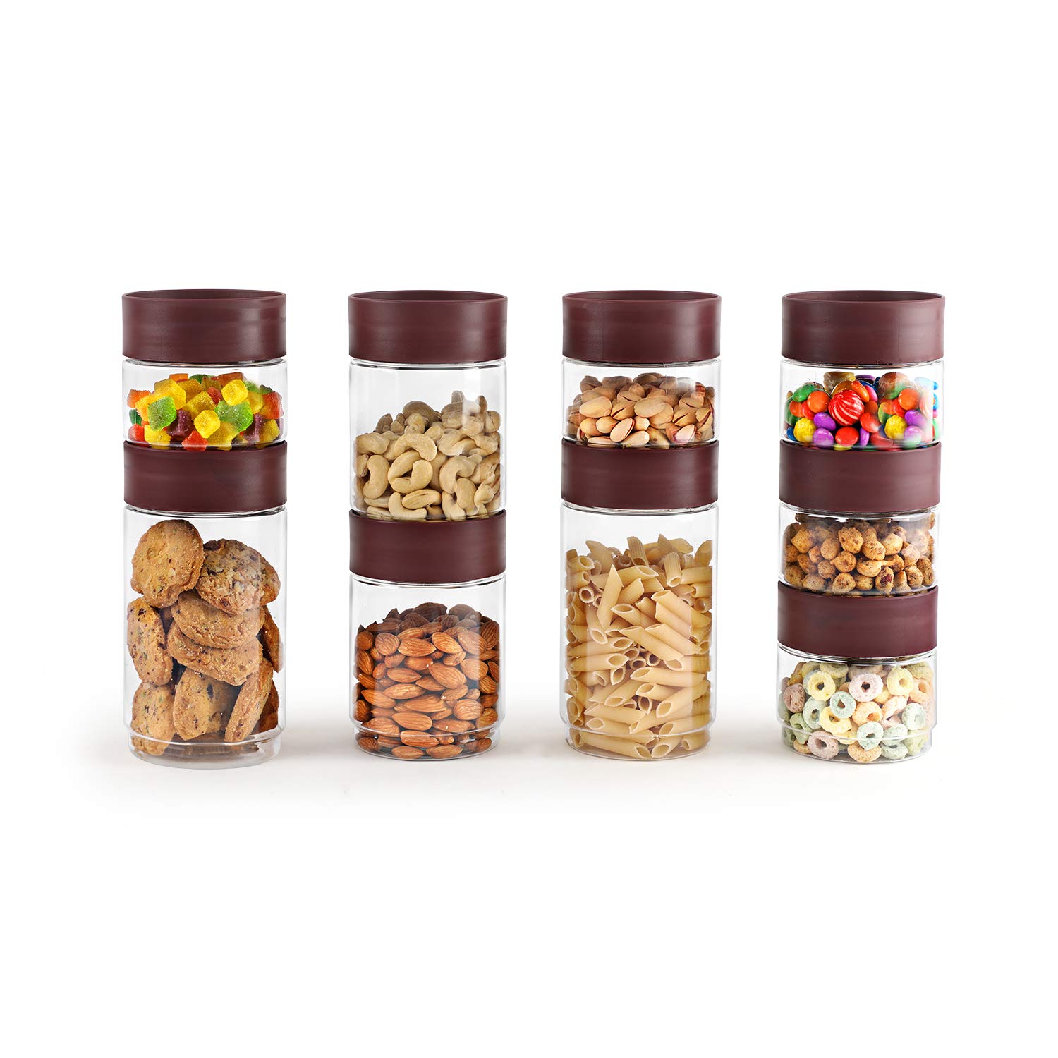 CELLO Modustack Storage Container Jar Set of 9 (500mlx5, 750mlx2, 1000mlx2), Maroon | Food Grade, Stackable, See Through Pet Organizer | For Storage of Food, Pulses, Spice, Cereals, Cookies, Dry Food
